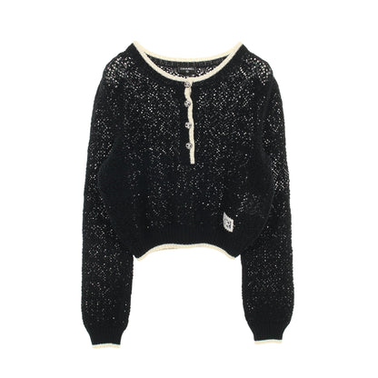 ココマークボタン ニット ヘンリーネック コットン ブラック アイボリー シャネル トップス CHANEL
