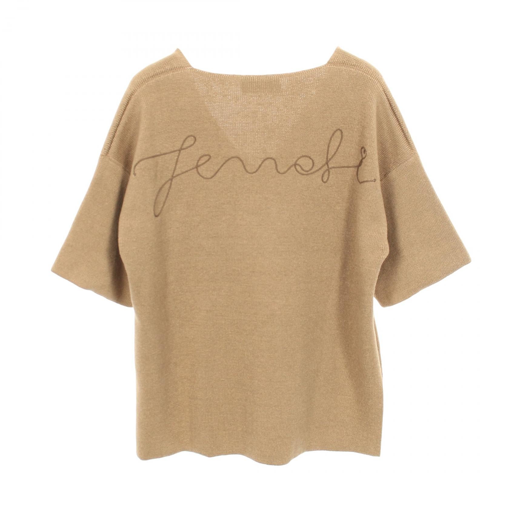 ニット Vネック 半袖 バックロゴ リネン シルク コットン ベージュ フェンディ トップス FENDI