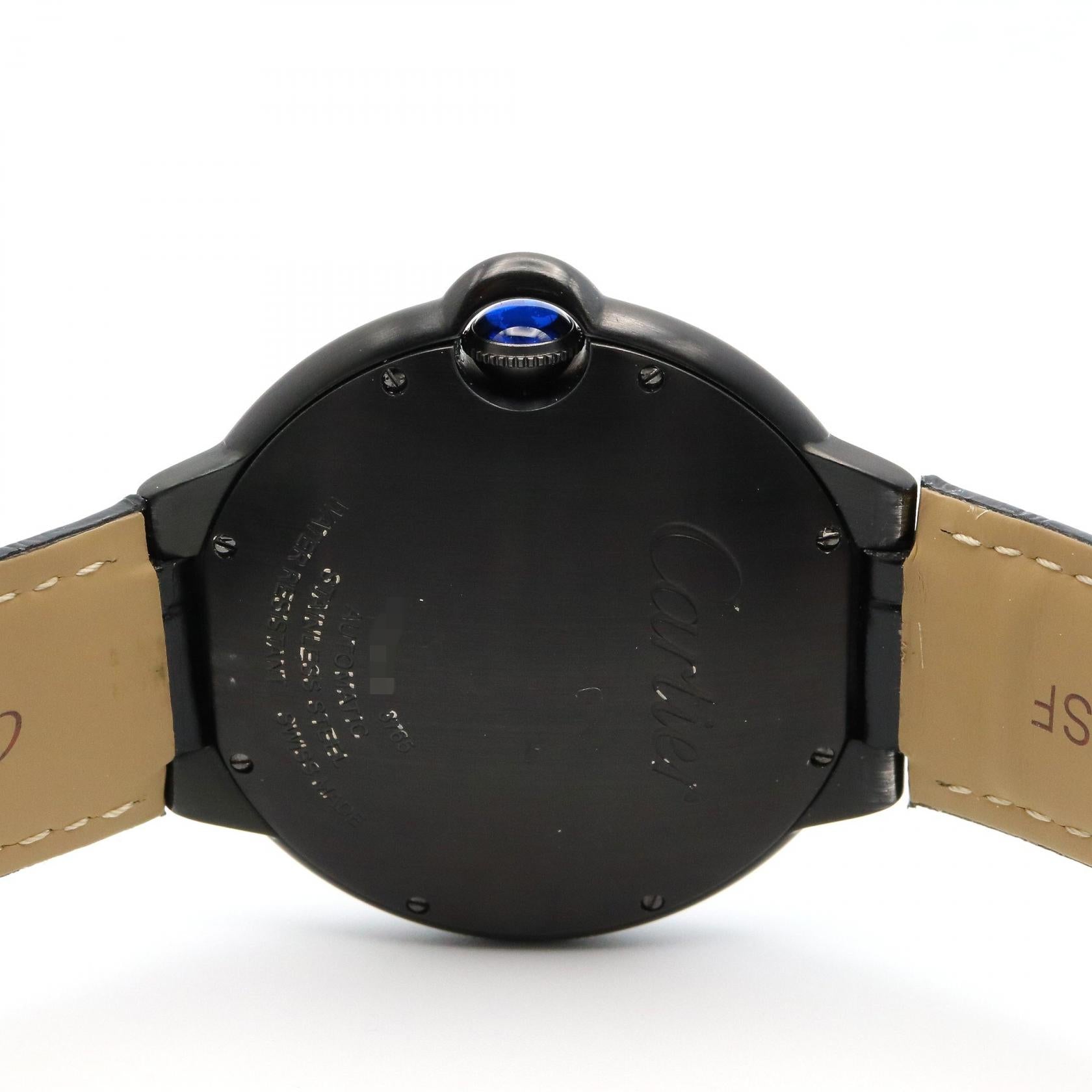 Cartier 自動巻き腕時計 ブラック バロンブルー 42mm メンズ 腕時計 自動巻き SS(DLC加工) クロコ革