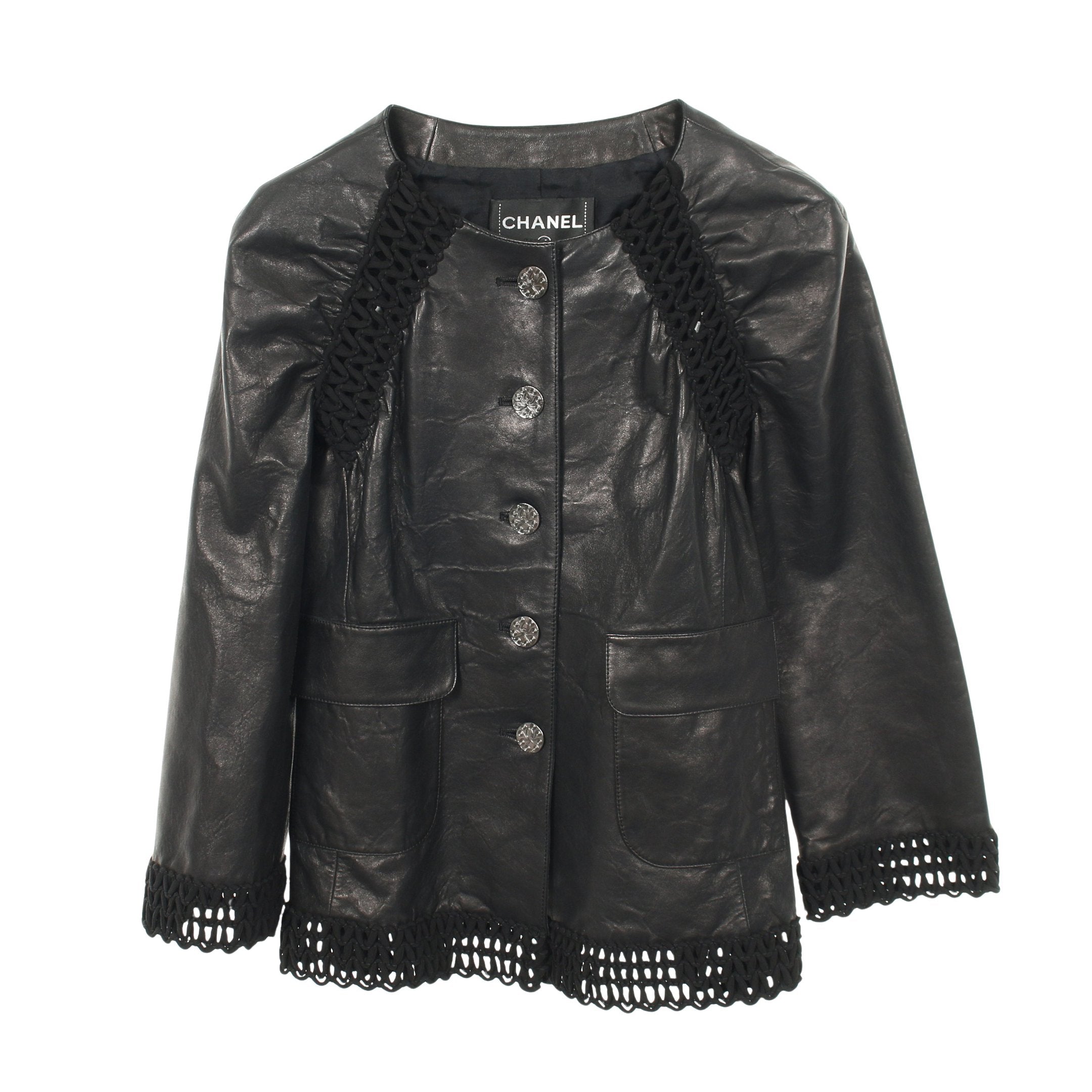 シャネルレザージャケット オープンワーク ボーダー レザージャケット ラムレザー ブラック