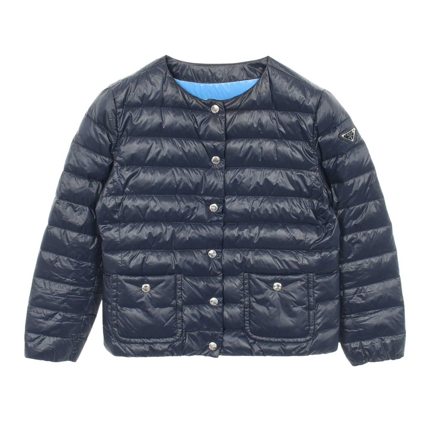 トライアングルロゴ ダウンジャケット ノーカラージャケット ナイロン ネイビー プラダ