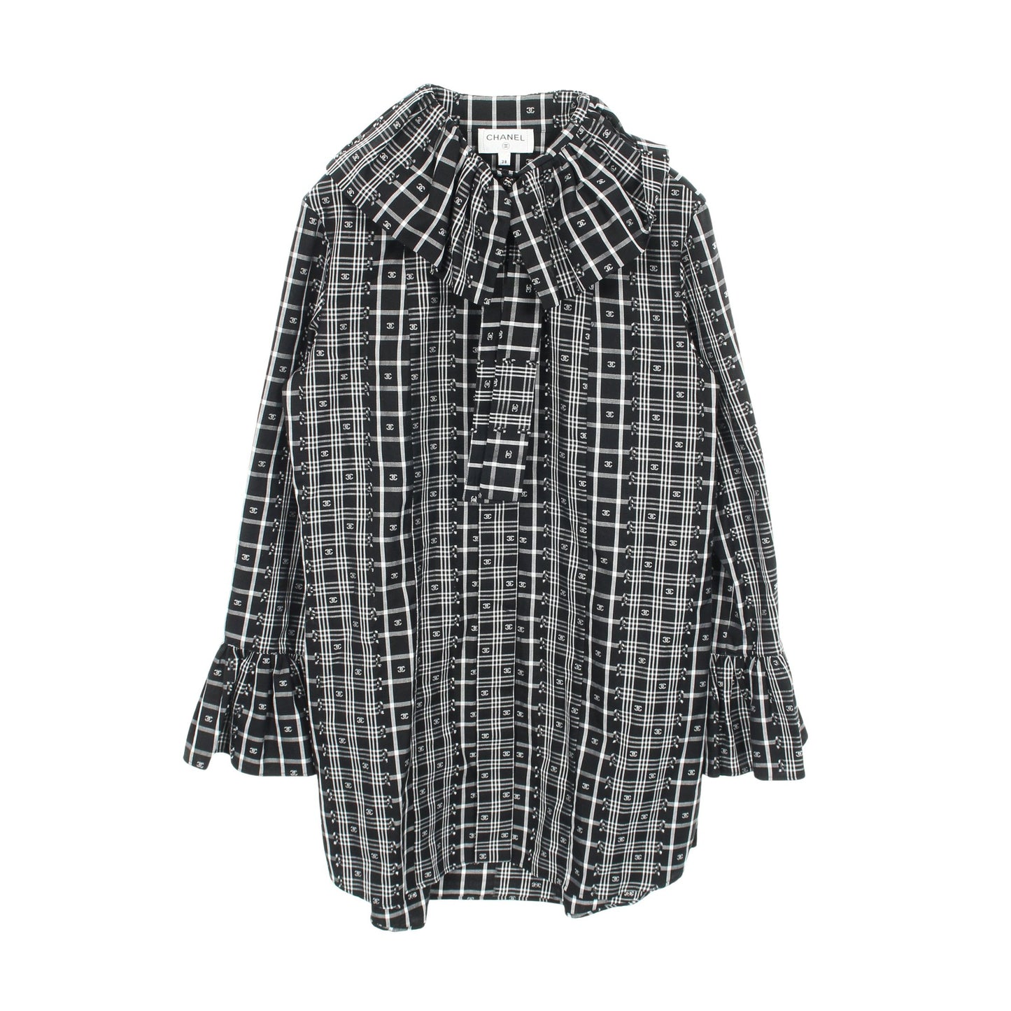 ココマーク フリル チェック ブラウス シャツワンピース コットン ブラック ホワイト シャネル ワンピース CHANEL