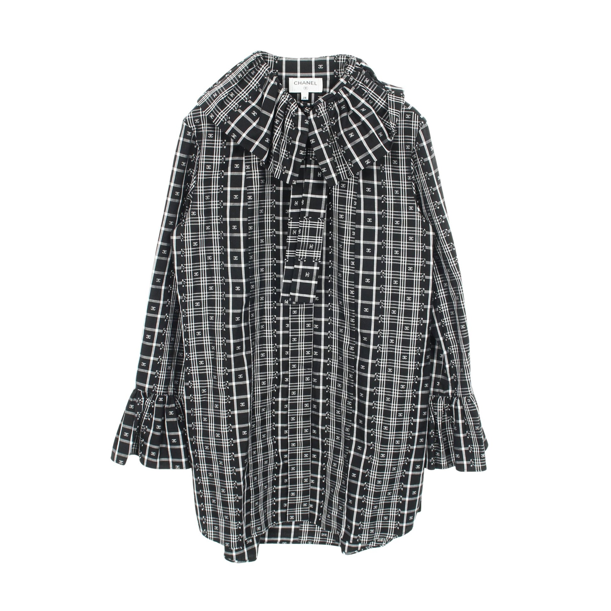 ココマーク フリル チェック ブラウス シャツワンピース コットン ブラック ホワイト シャネル ワンピース CHANEL