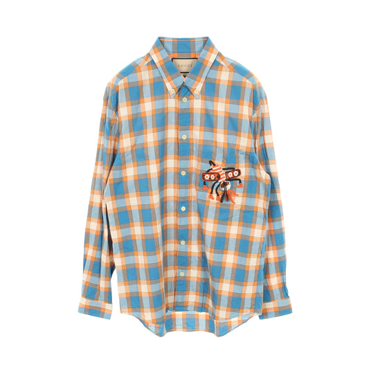 Freyja Hartas Animal Embroidery Check Shirt シャツ チェック柄 コットン ブルー マルチカラー グッチ