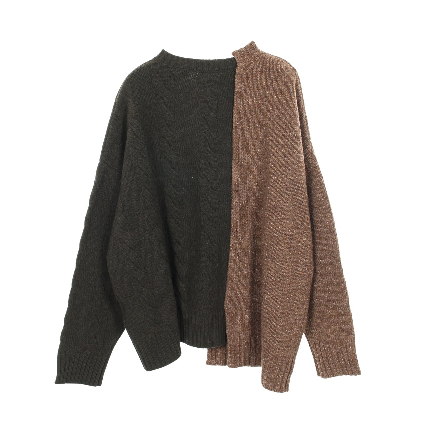 FINE MERINO WOOL CABLE SWITCH UNBALANCE PULLOVER アシンメトリー ニット ウール ナイロン アルパカ ブラウン ダークグリーン 切替 グラウンドワイ