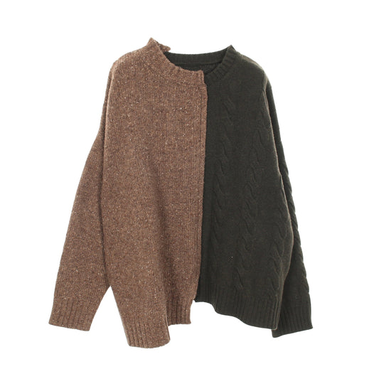FINE MERINO WOOL CABLE SWITCH UNBALANCE PULLOVER アシンメトリー ニット ウール ナイロン アルパカ ブラウン ダークグリーン 切替 グラウンドワイ