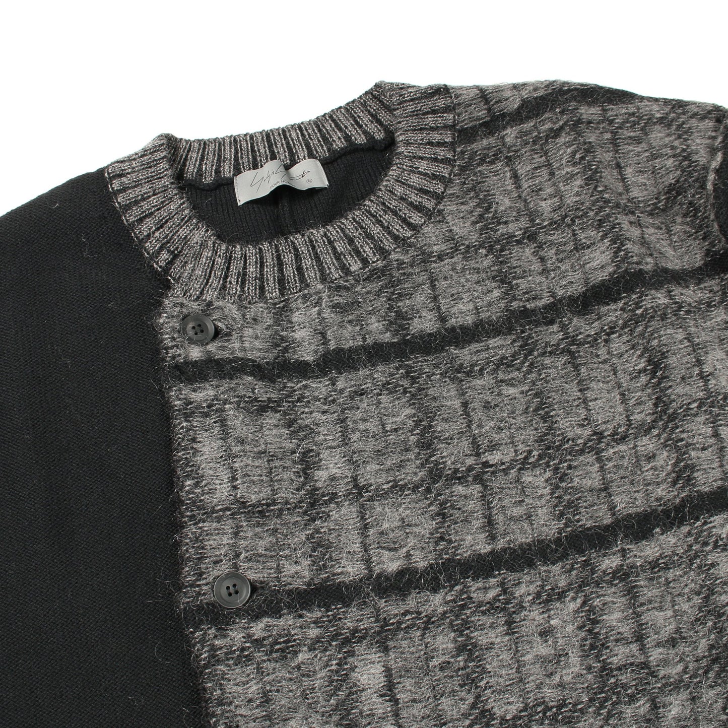 ニット カーディガン クルーネック チェック ウール モヘヤ ナイロン ブラック グレー ヨウジヤマモトプールオム