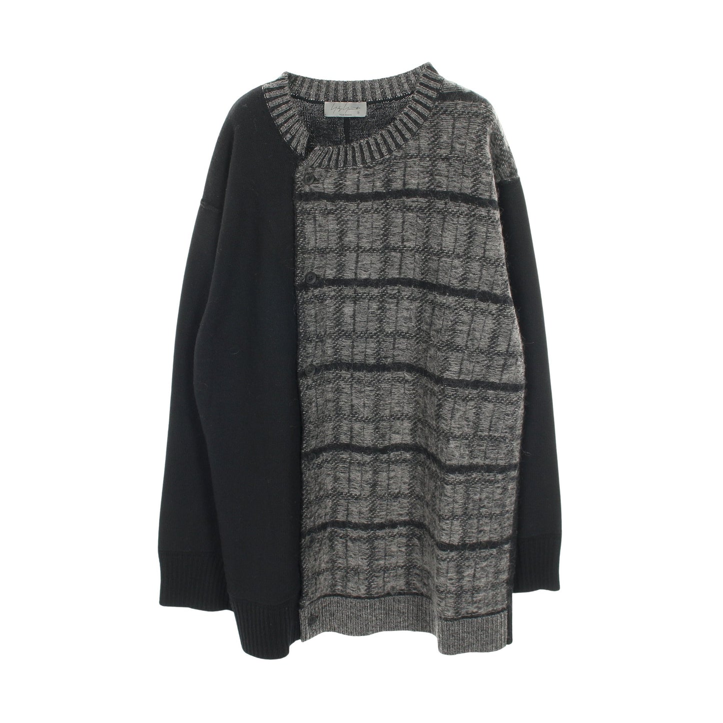 ニット カーディガン クルーネック チェック ウール モヘヤ ナイロン ブラック グレー ヨウジヤマモトプールオム