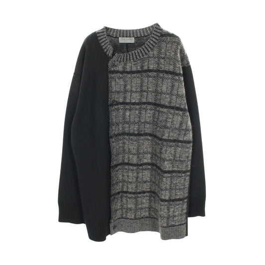 ニット カーディガン クルーネック チェック ウール モヘヤ ナイロン ブラック グレー ヨウジヤマモトプールオム