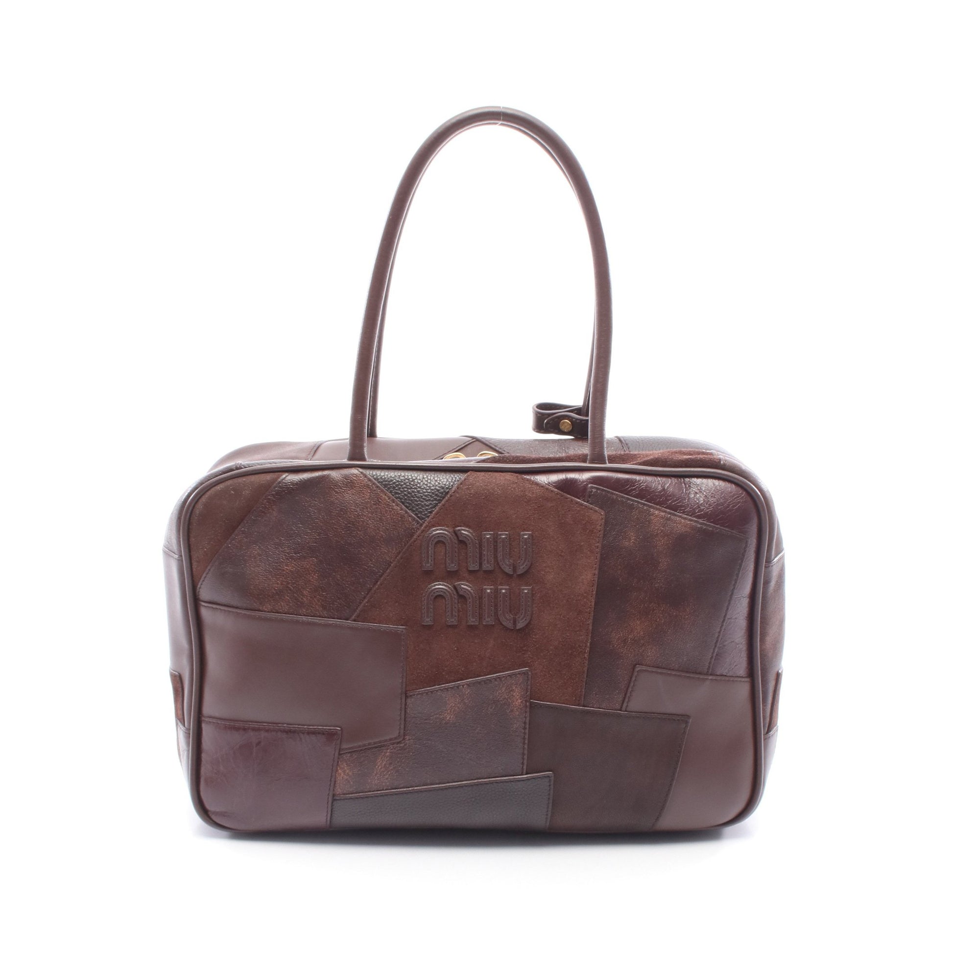 パッチワーク ボー ハンドバッグ レザー スエード ブラウン ミュウミュウ バッグ miu miu
