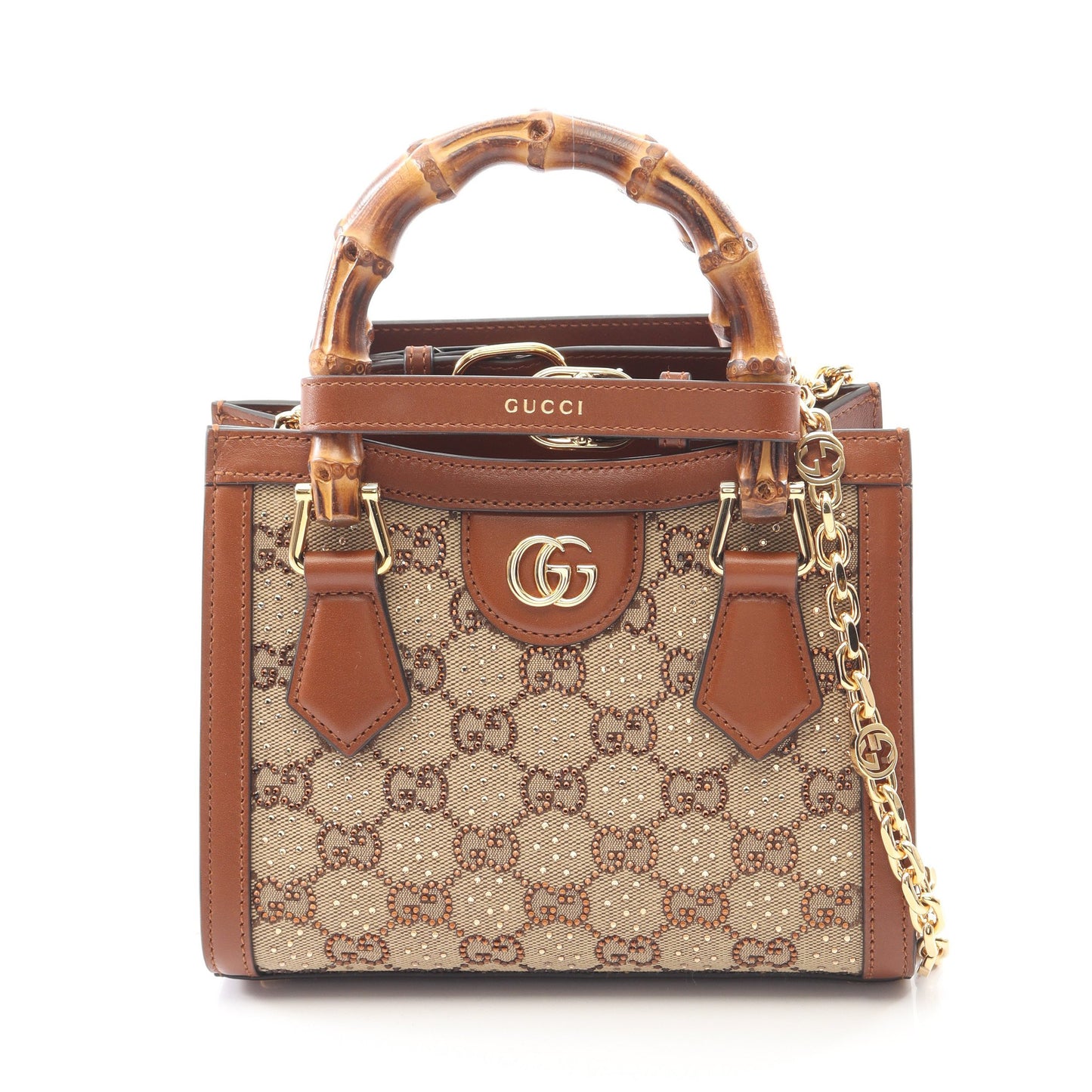 ダイアナ クリスタル スモール GGキャンバス ハンドバッグ トートバッグ キャンバス レザー ベージュ ブラウン 2WAY グッチ バッグ GUCCI