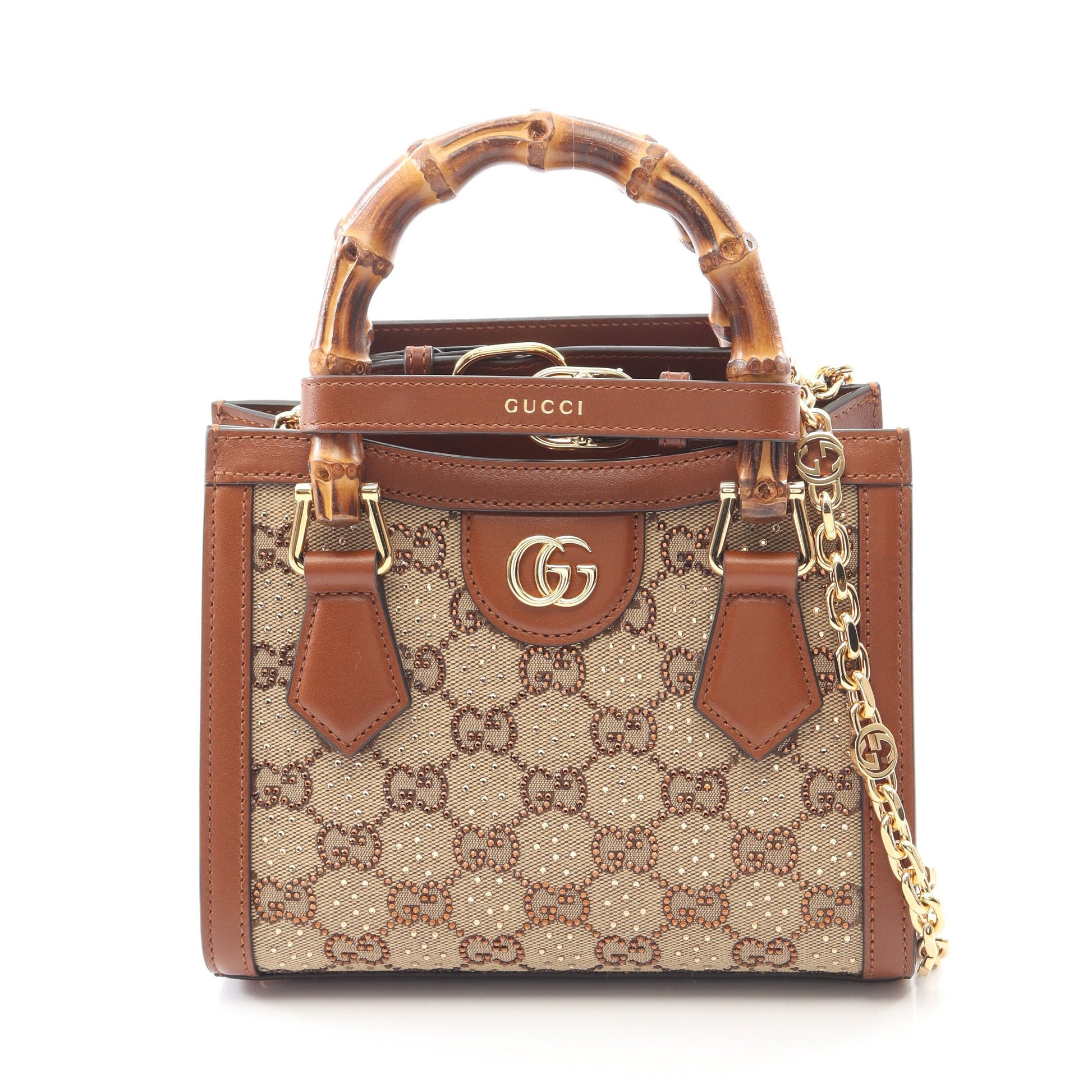 ダイアナ クリスタル スモール GGキャンバス ハンドバッグ トートバッグ キャンバス レザー ベージュ ブラウン 2WAY グッチ バッグ GUCCI