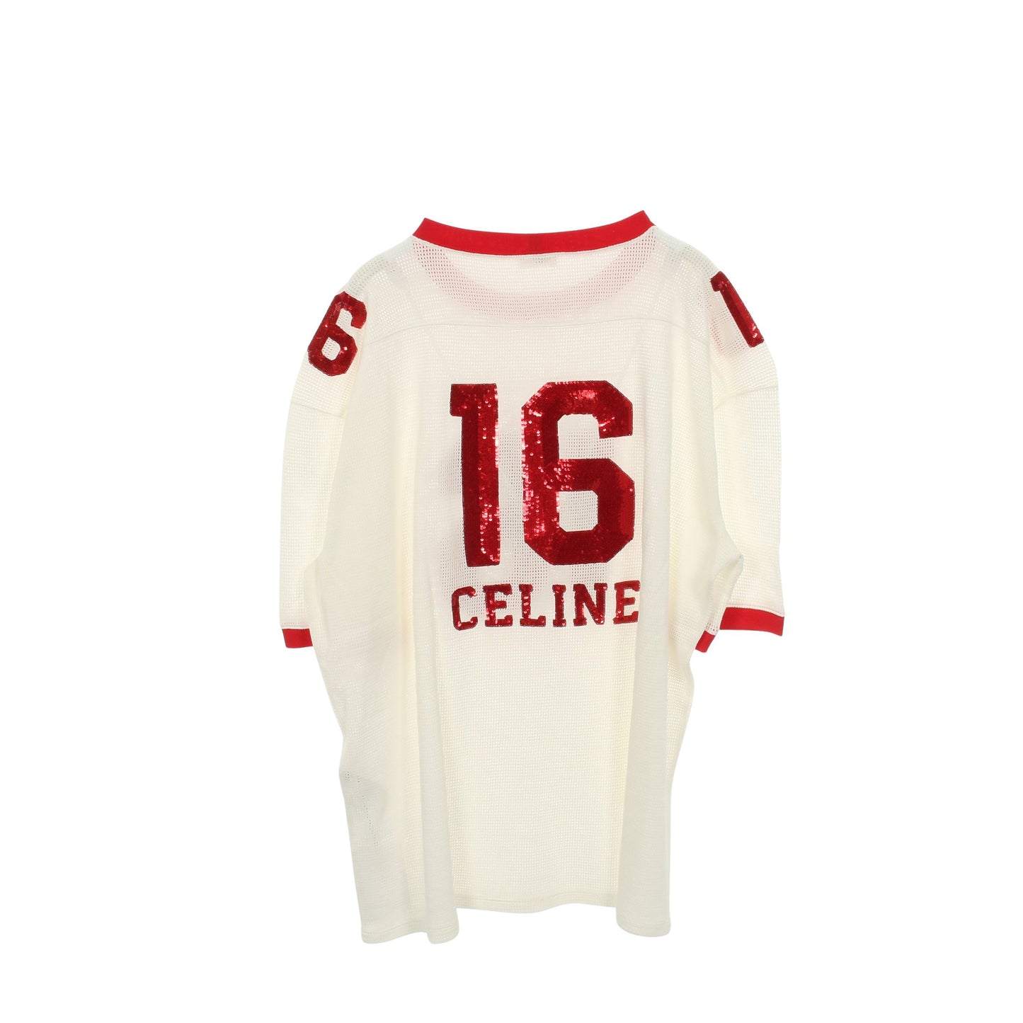 16 エンブロイダリー 半袖Tシャツ スパンコール メッシュ コットン ホワイト レッド セリーヌ トップス CELINE