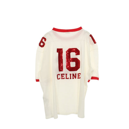 16 エンブロイダリー 半袖Tシャツ スパンコール メッシュ コットン ホワイト レッド セリーヌ トップス CELINE