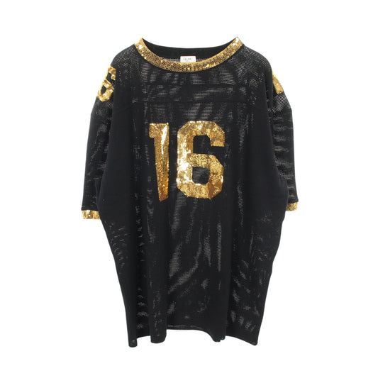 16 エンブロイダリー 半袖Tシャツ スパンコール コットン ブラック ゴールド セリーヌ