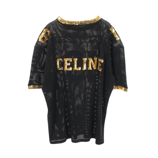 16 エンブロイダリー 半袖Tシャツ スパンコール コットン ブラック ゴールド セリーヌ