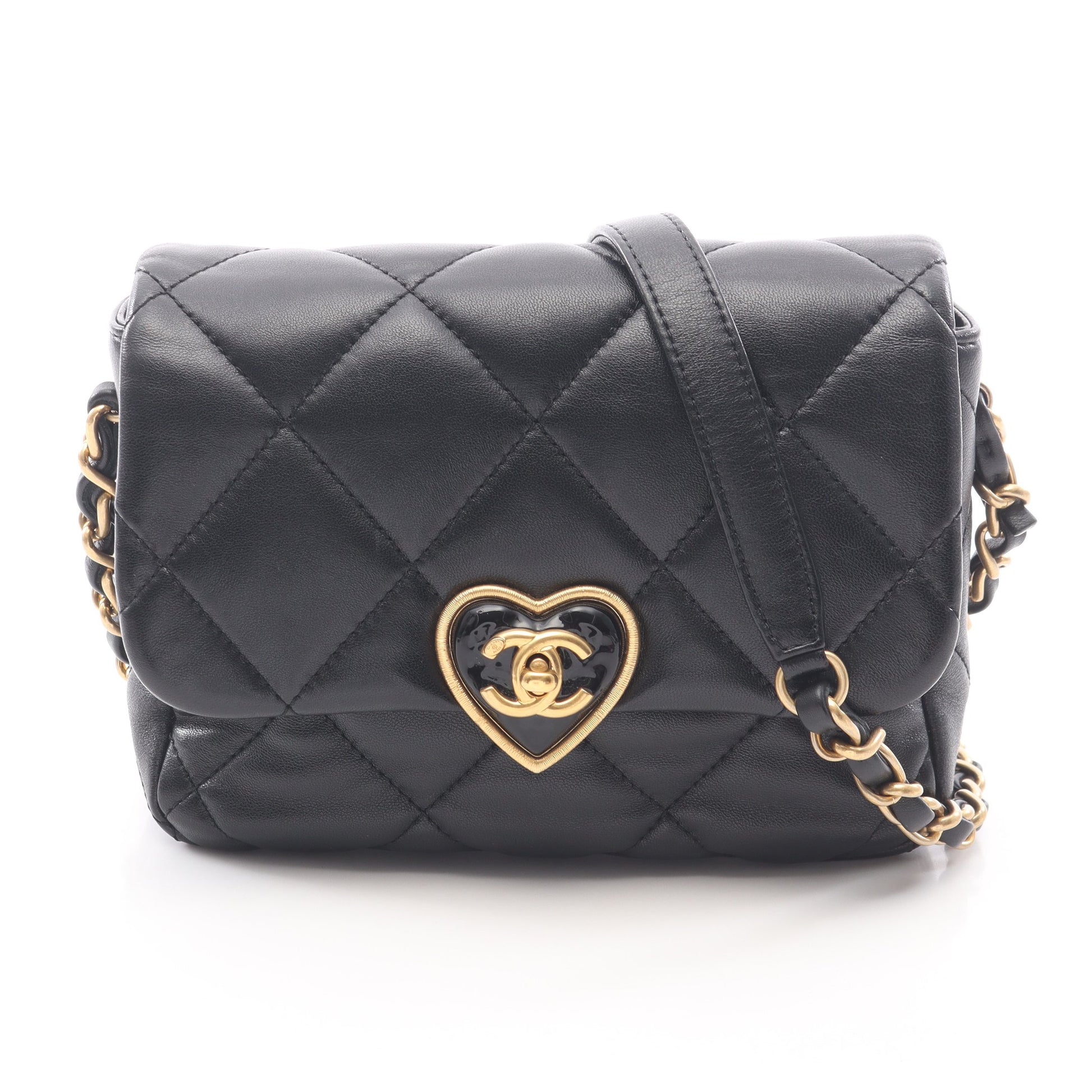 マトラッセ ハートロック チェーンショルダーバッグ ラムスキン ブラック ゴールド金具 シャネル バッグ CHANEL