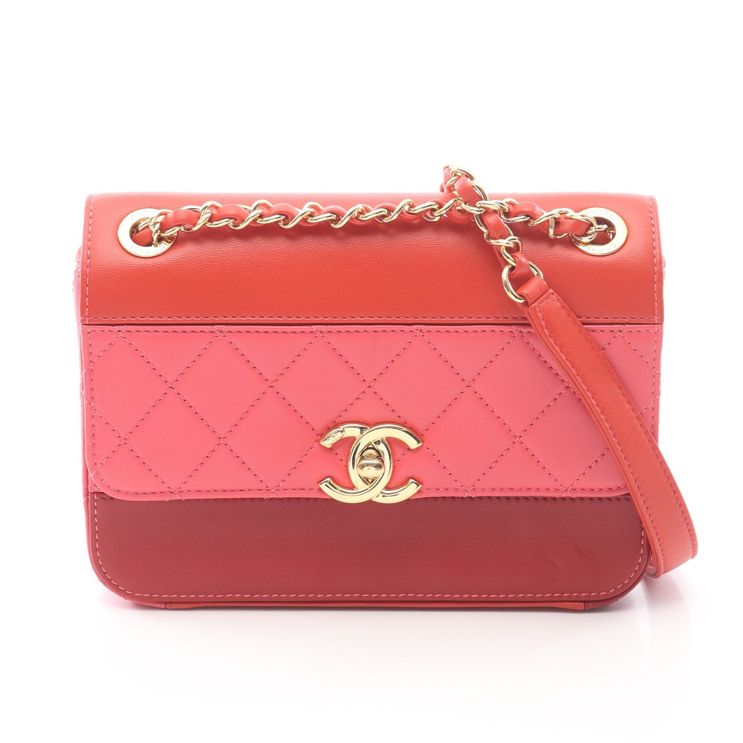 マトラッセ チェーンショルダーバッグ レザー レッド マルチカラー ゴールド金具 シャネル バッグ CHANEL