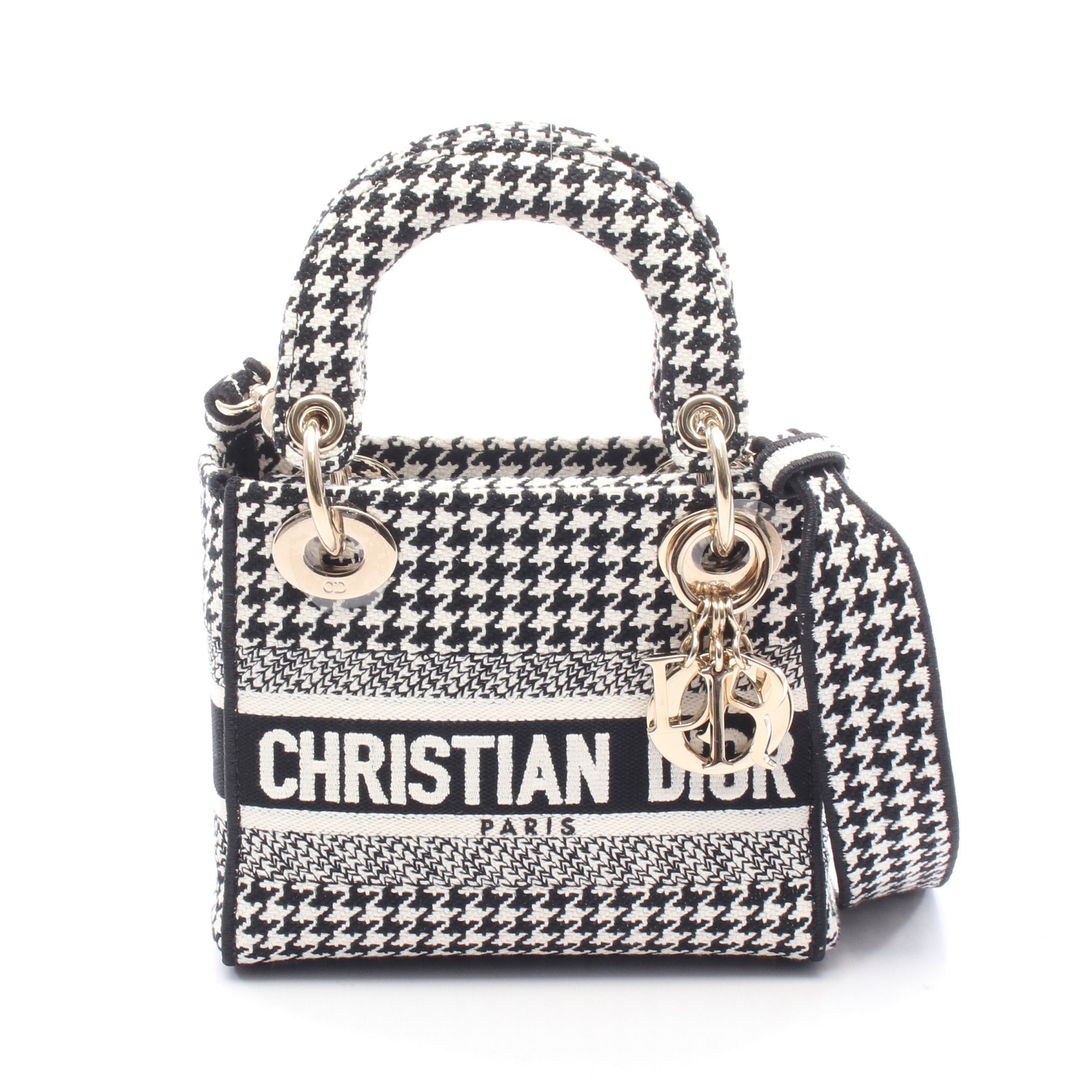 クリスチャンディオール　ハンドバッグ　dior LADY D-LITE ミニ ハンドバッグ 千鳥格子 キャンバス ブラック