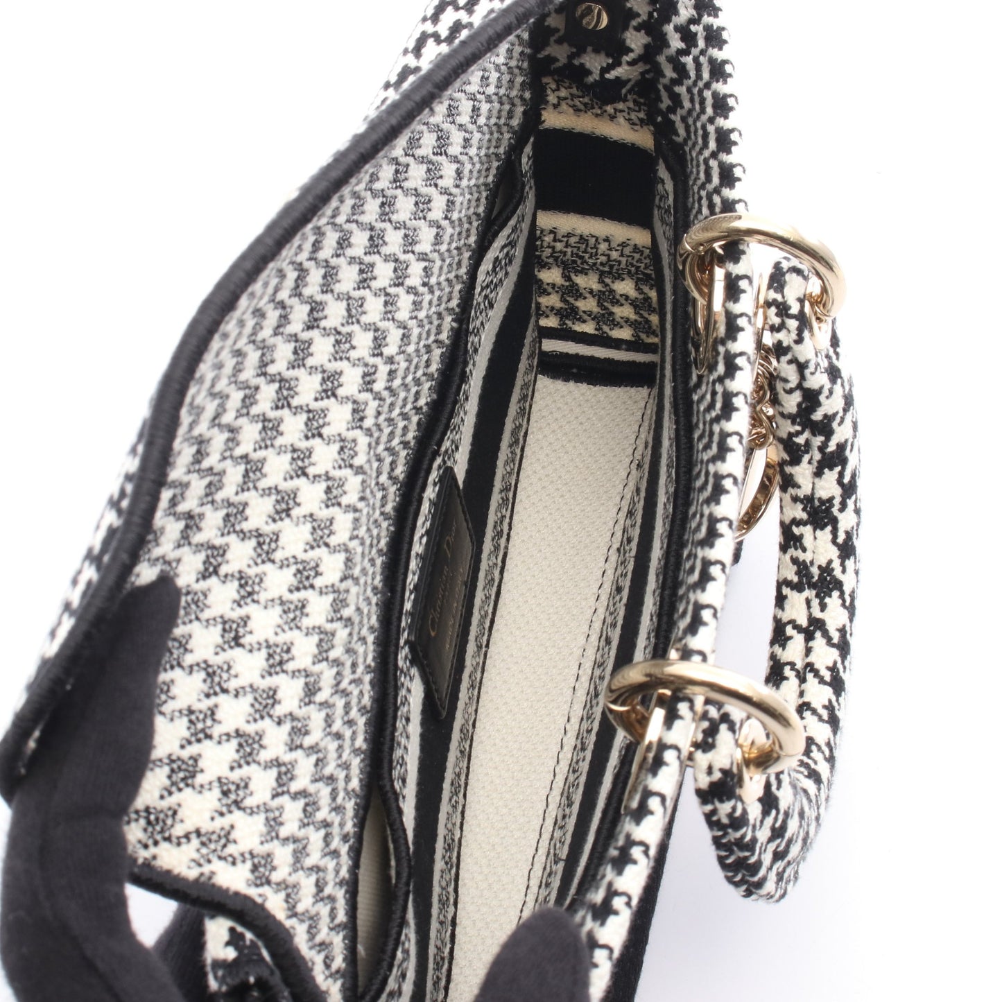 LADY D-JOY ミディアム ハンドバッグ 千鳥格子 キャンバス ブラック ホワイト 2WAY クリスチャンディオール バッグ Christian Dior