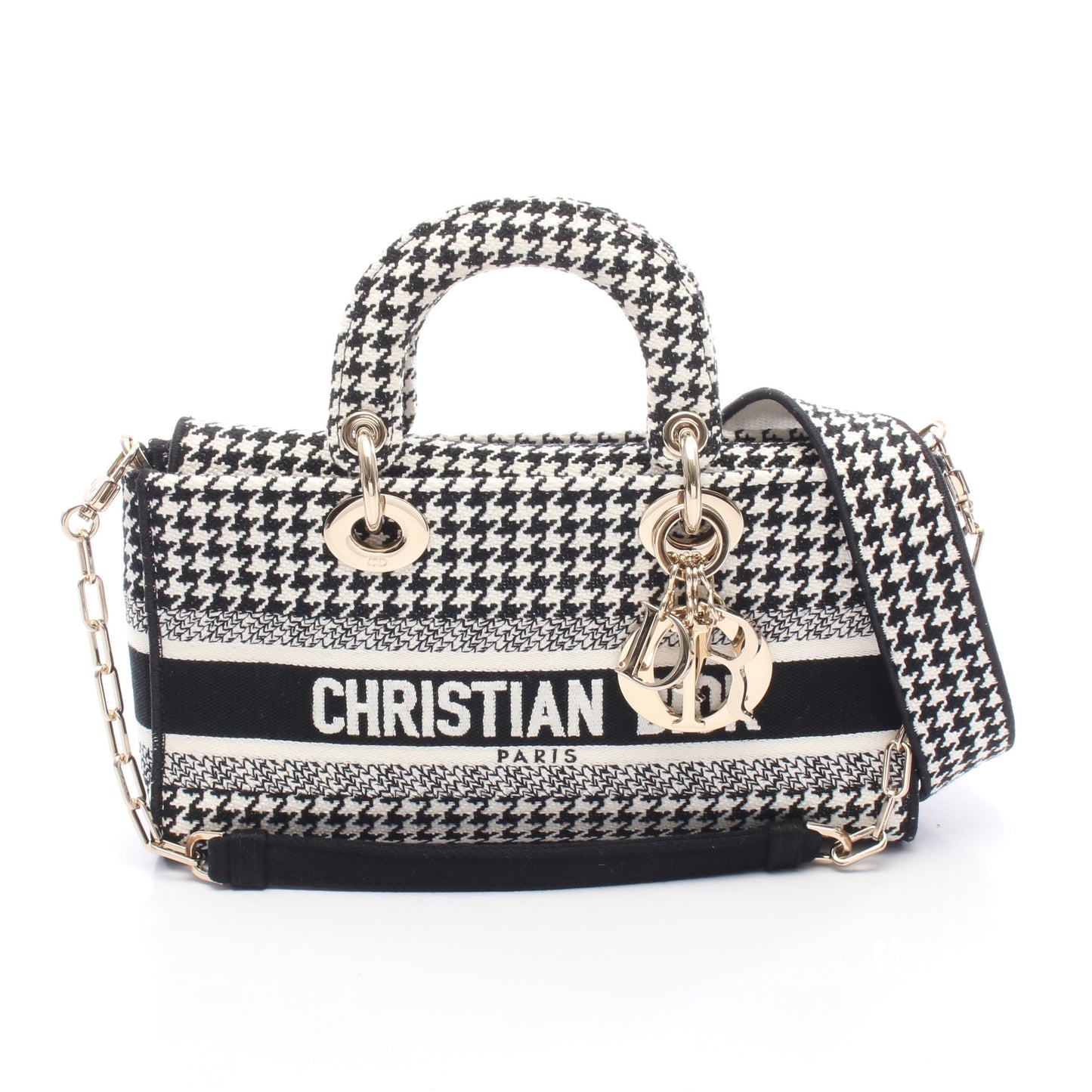 LADY D-JOY ミディアム ハンドバッグ 千鳥格子 キャンバス ブラック ホワイト 2WAY クリスチャンディオール バッグ Christian Dior