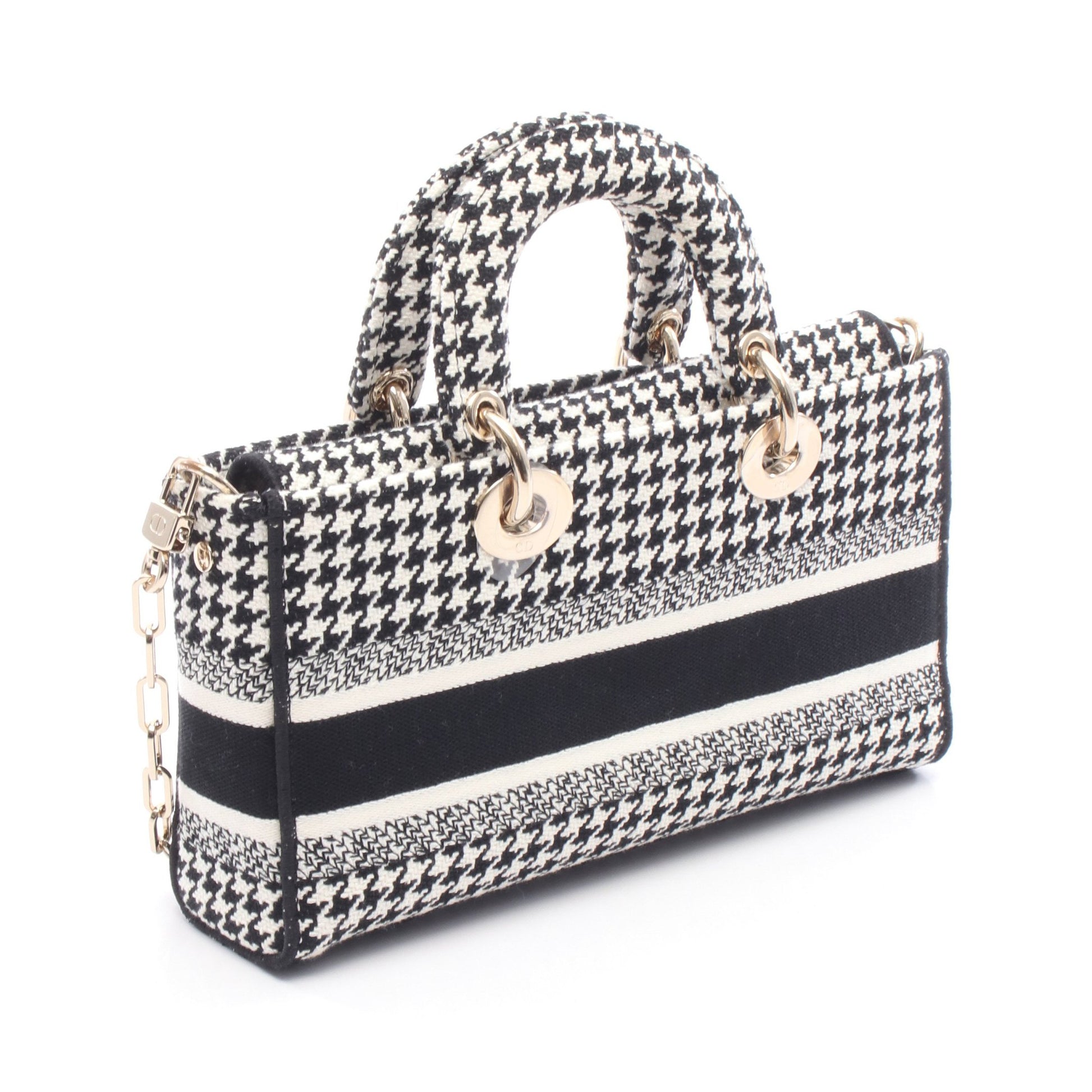 LADY D-JOY ミディアム ハンドバッグ 千鳥格子 キャンバス ブラック ホワイト 2WAY クリスチャンディオール バッグ Christian Dior
