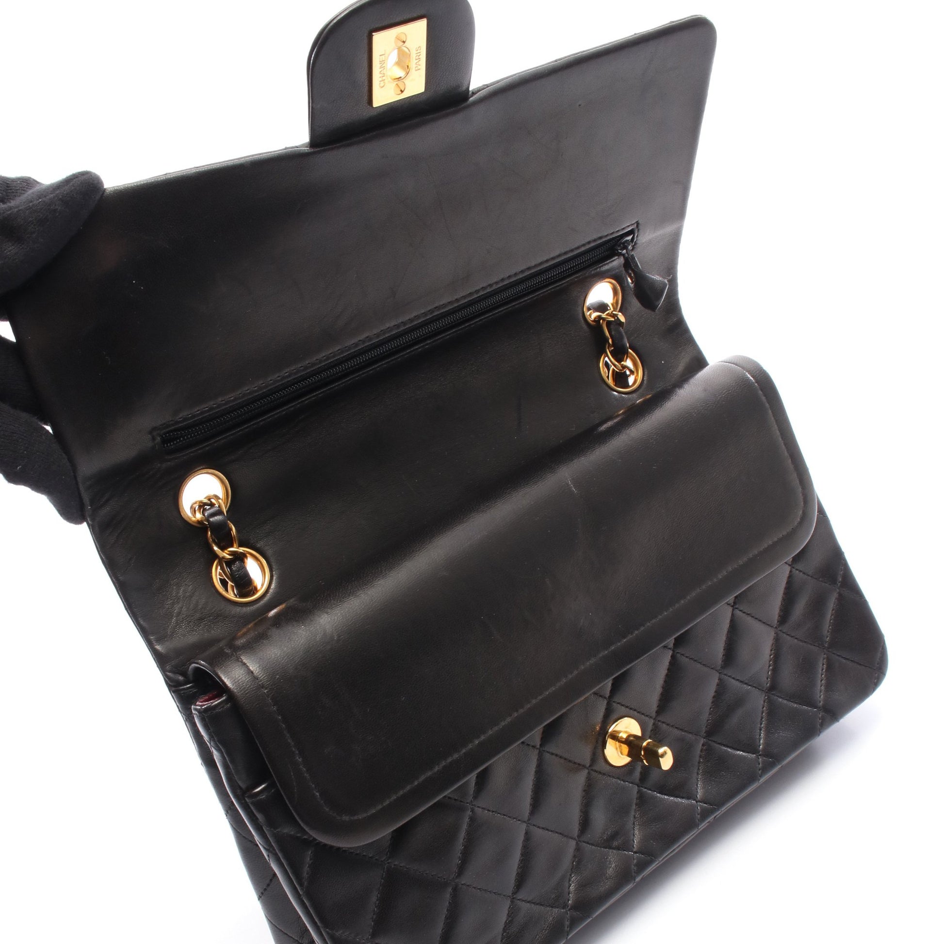 マトラッセ Wフラップ Wチェーンショルダーバッグ ラムスキン ブラック ゴールド金具 シャネル バッグ CHANEL