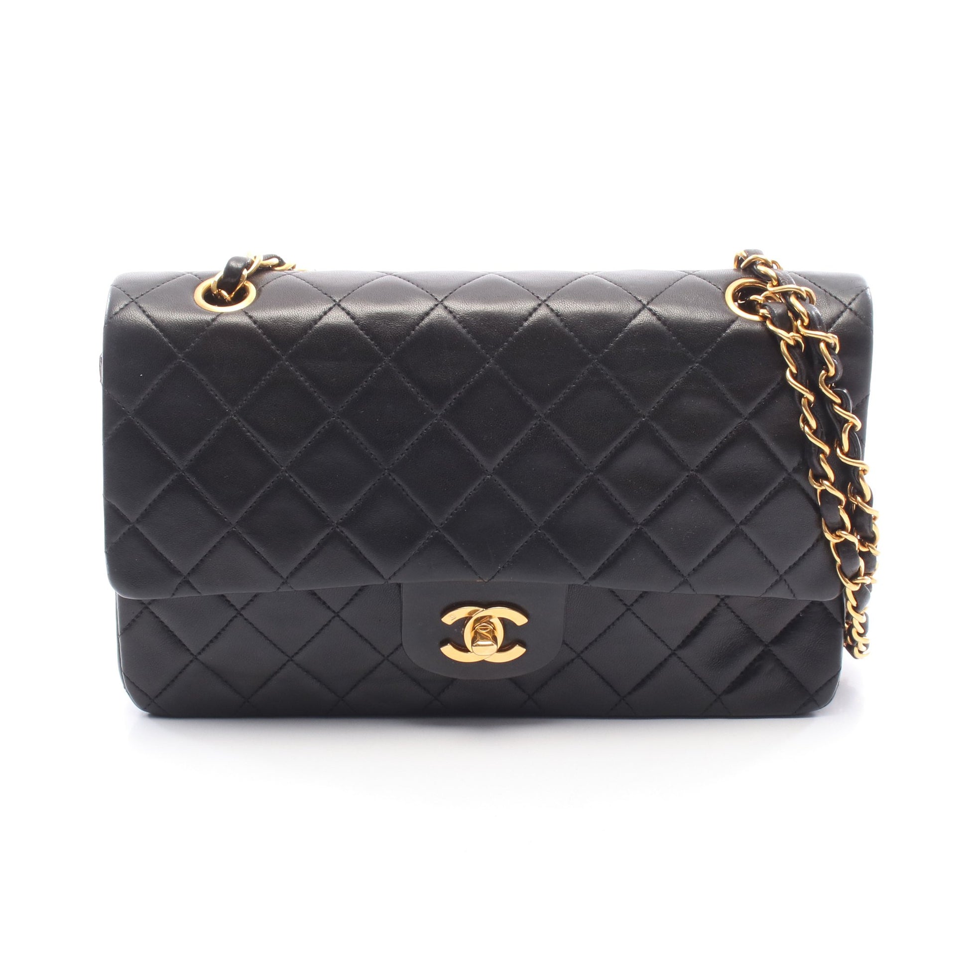 マトラッセ Wフラップ Wチェーンショルダーバッグ ラムスキン ブラック ゴールド金具 シャネル バッグ CHANEL