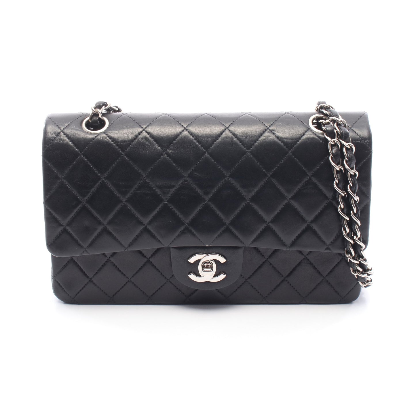 マトラッセ Wフラップ Wチェーンショルダーバッグ ラムスキン ブラック シルバー金具 シャネル バッグ CHANEL