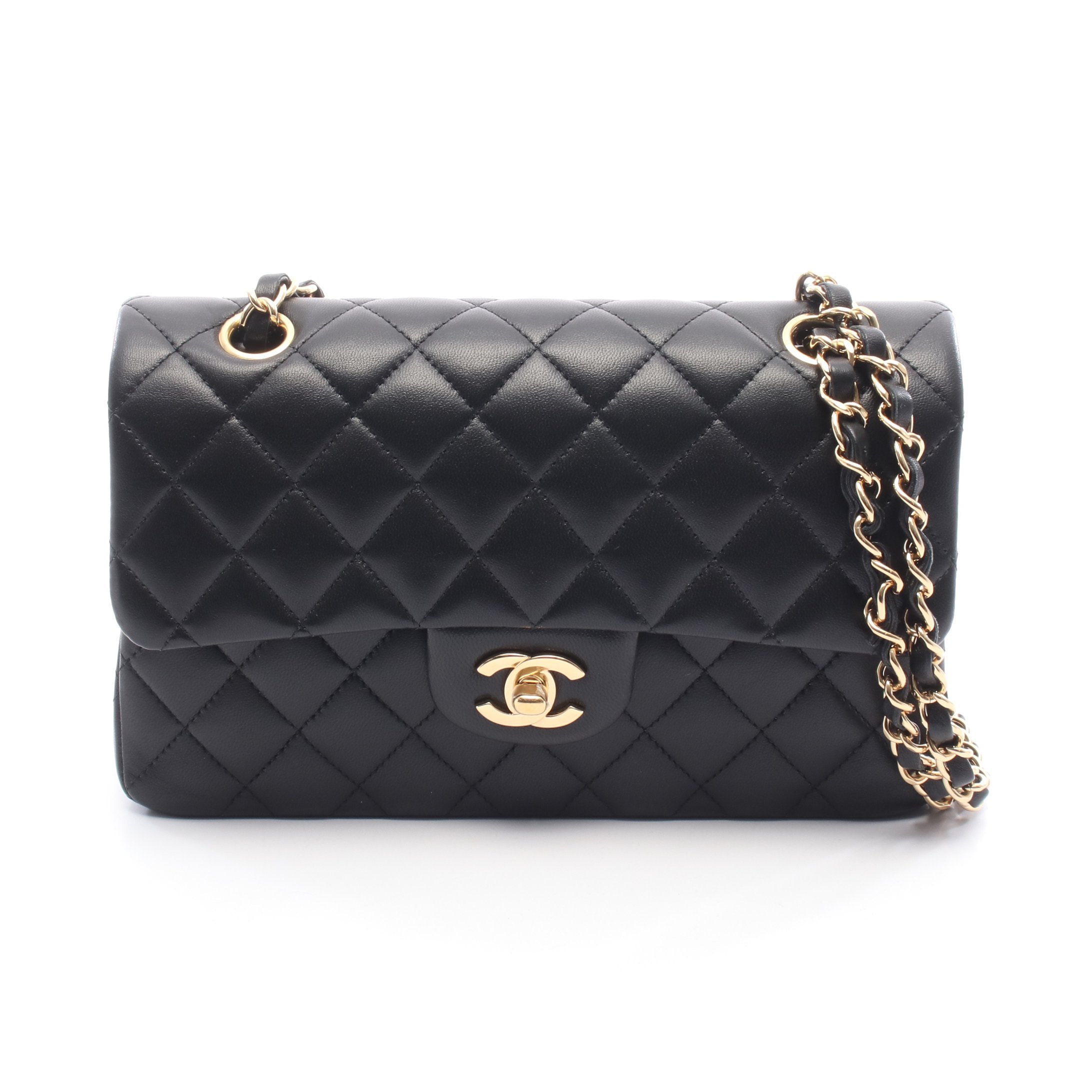 マトラッセ Wフラップ Wチェーンショルダーバッグ ラムスキン ブラック