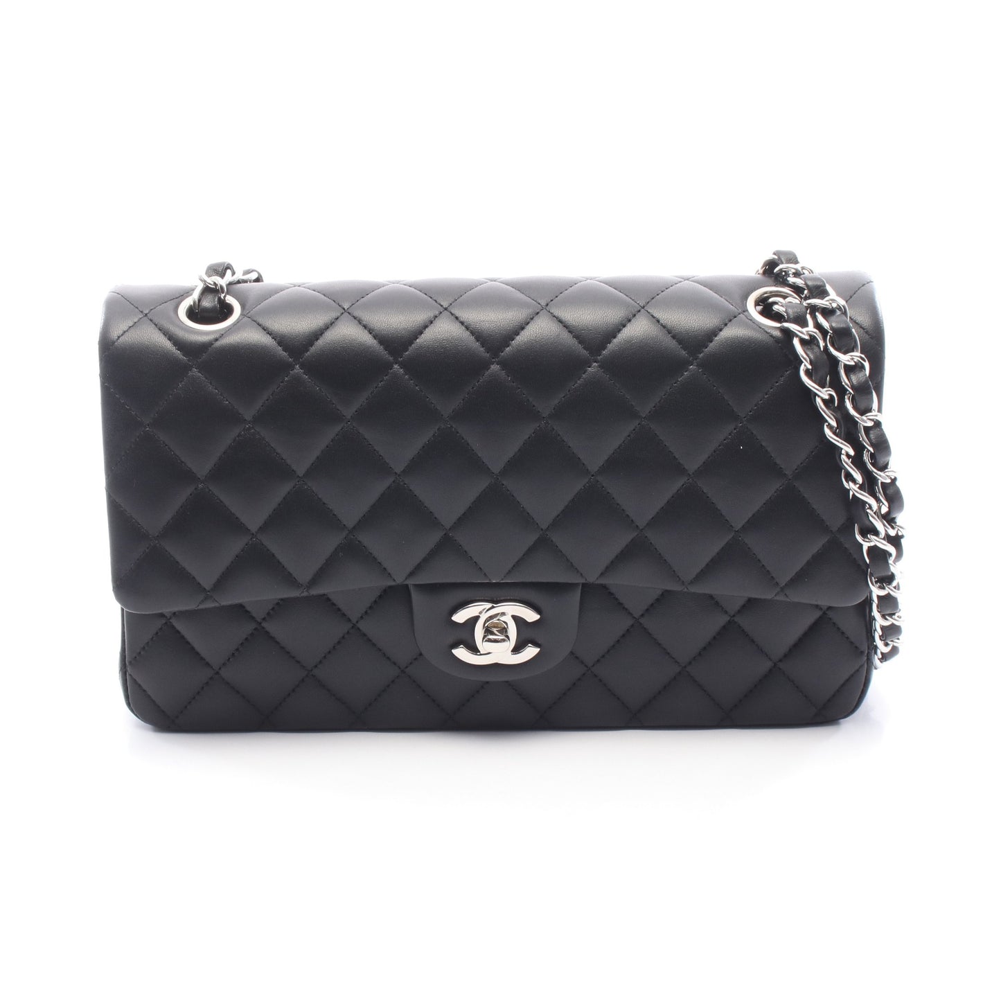 マトラッセ Wフラップ Wチェーンショルダーバッグ ラムスキン ブラック シルバー金具 シャネル バッグ CHANEL