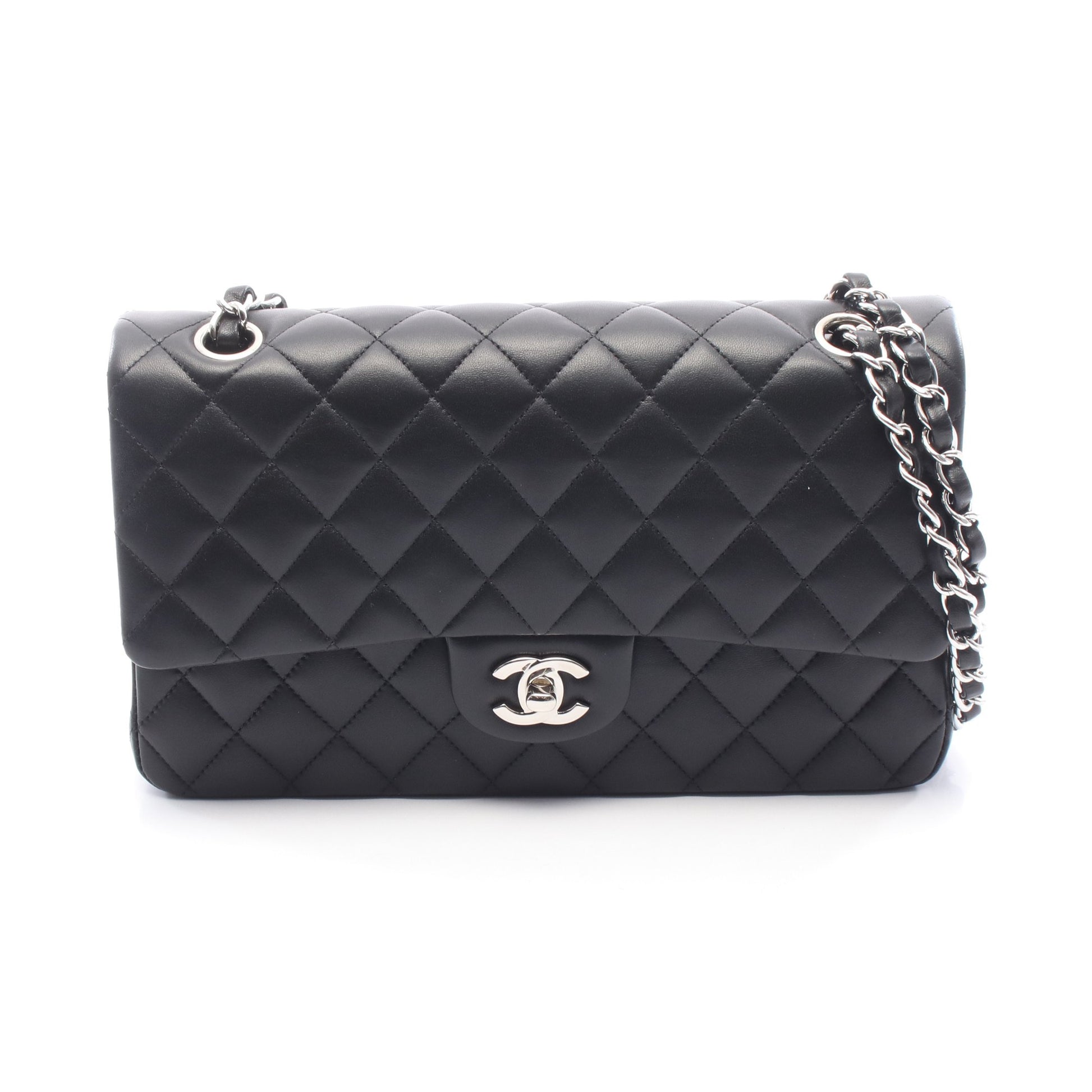 マトラッセ Wフラップ Wチェーンショルダーバッグ ラムスキン ブラック シルバー金具 シャネル バッグ CHANEL