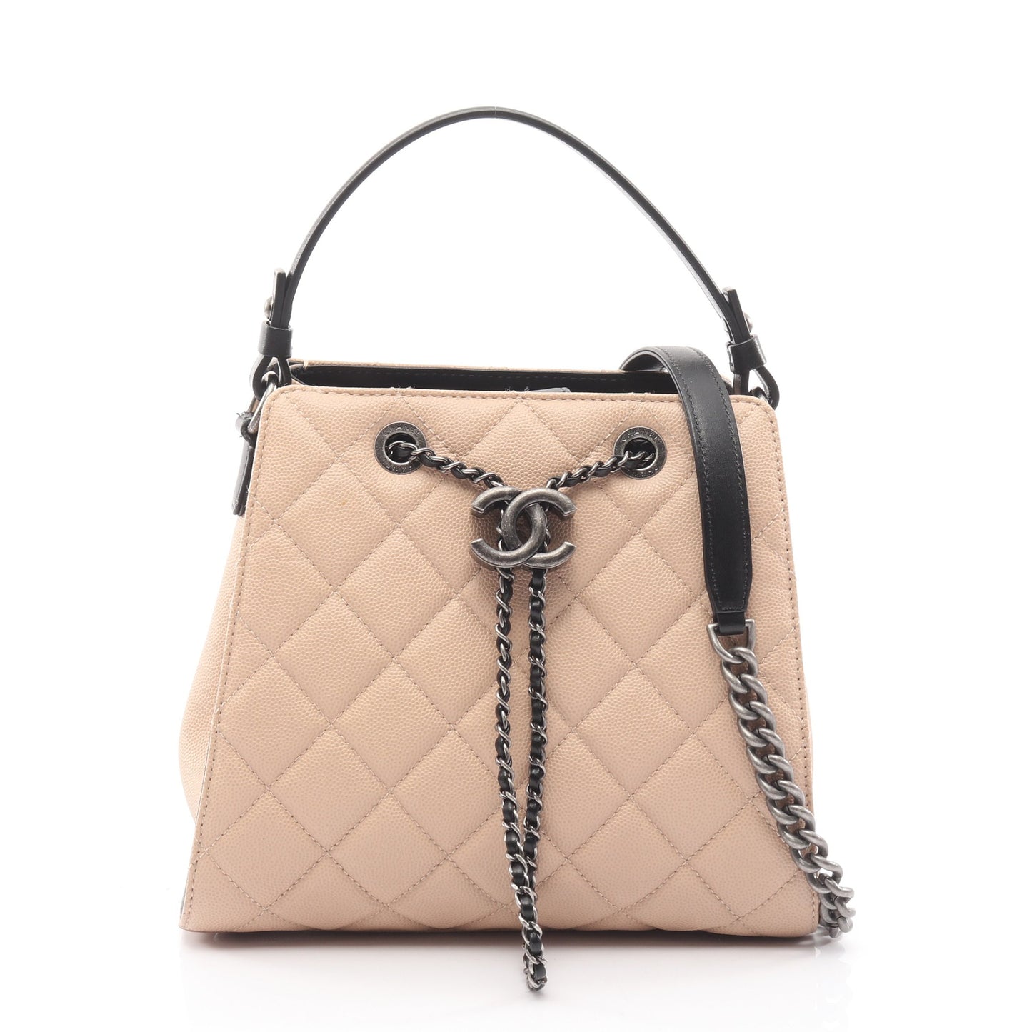 CCバケット ハンドバッグ キャビアスキン レザー ライトベージュ ブラック アンティークシルバー金具 2WAY シャネル バッグ CHANEL