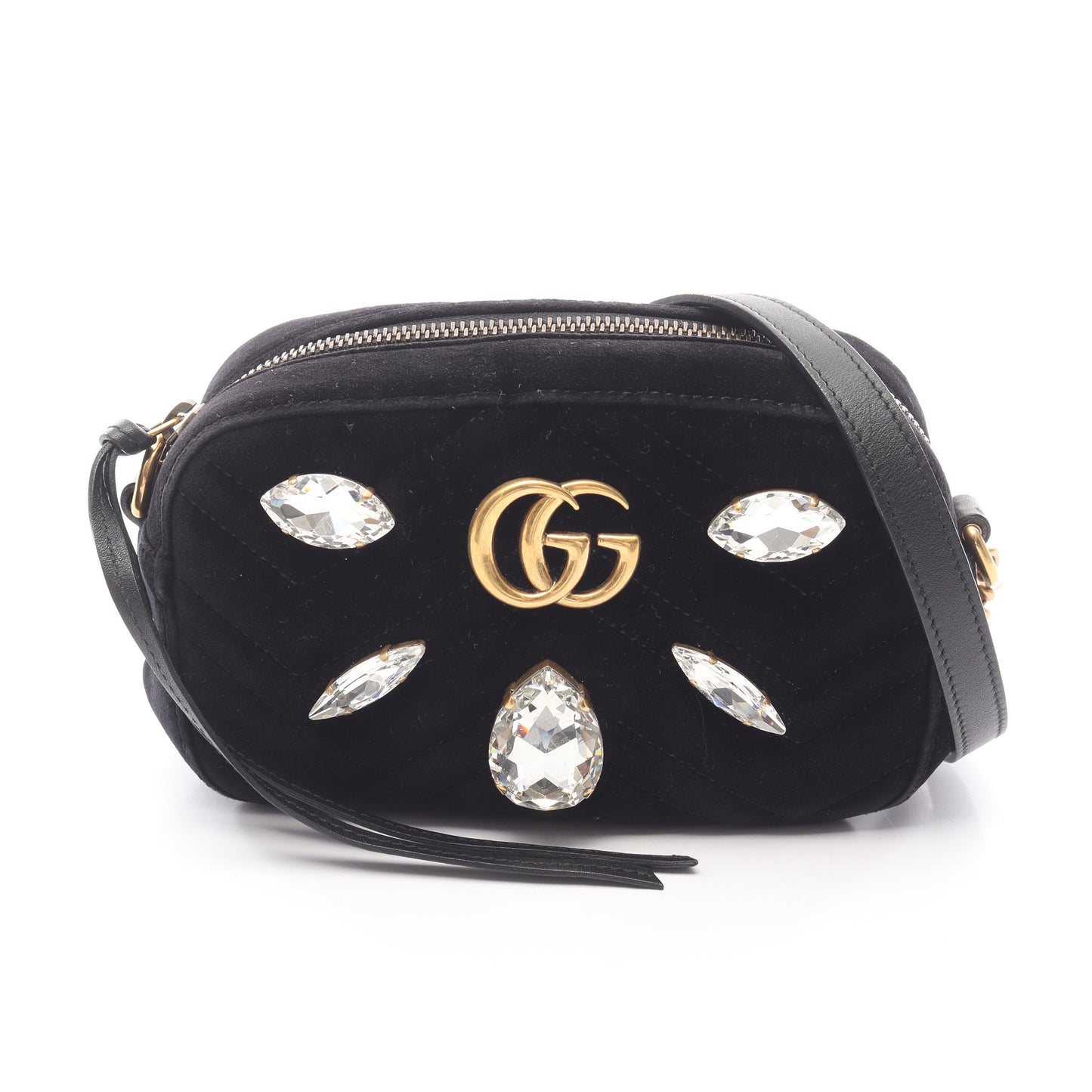 GGマーモント キルティング ミニバッグ チェーンショルダーバッグ ベロア レザー ブラック ビジュー グッチ バッグ GUCCI