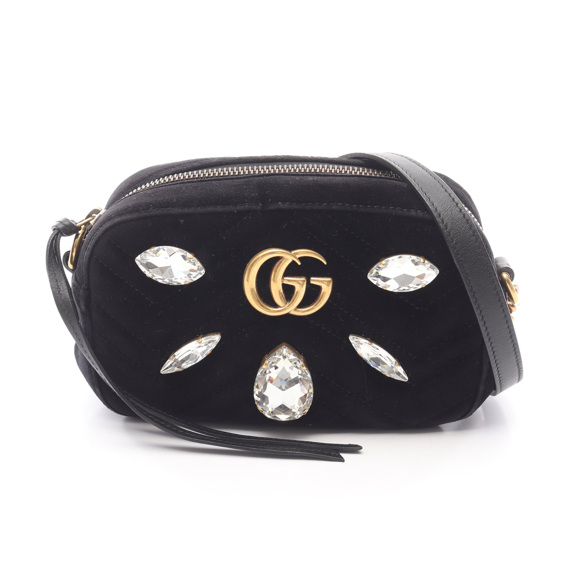 GGマーモント キルティング ミニバッグ チェーンショルダーバッグ ベロア レザー ブラック ビジュー グッチ バッグ GUCCI