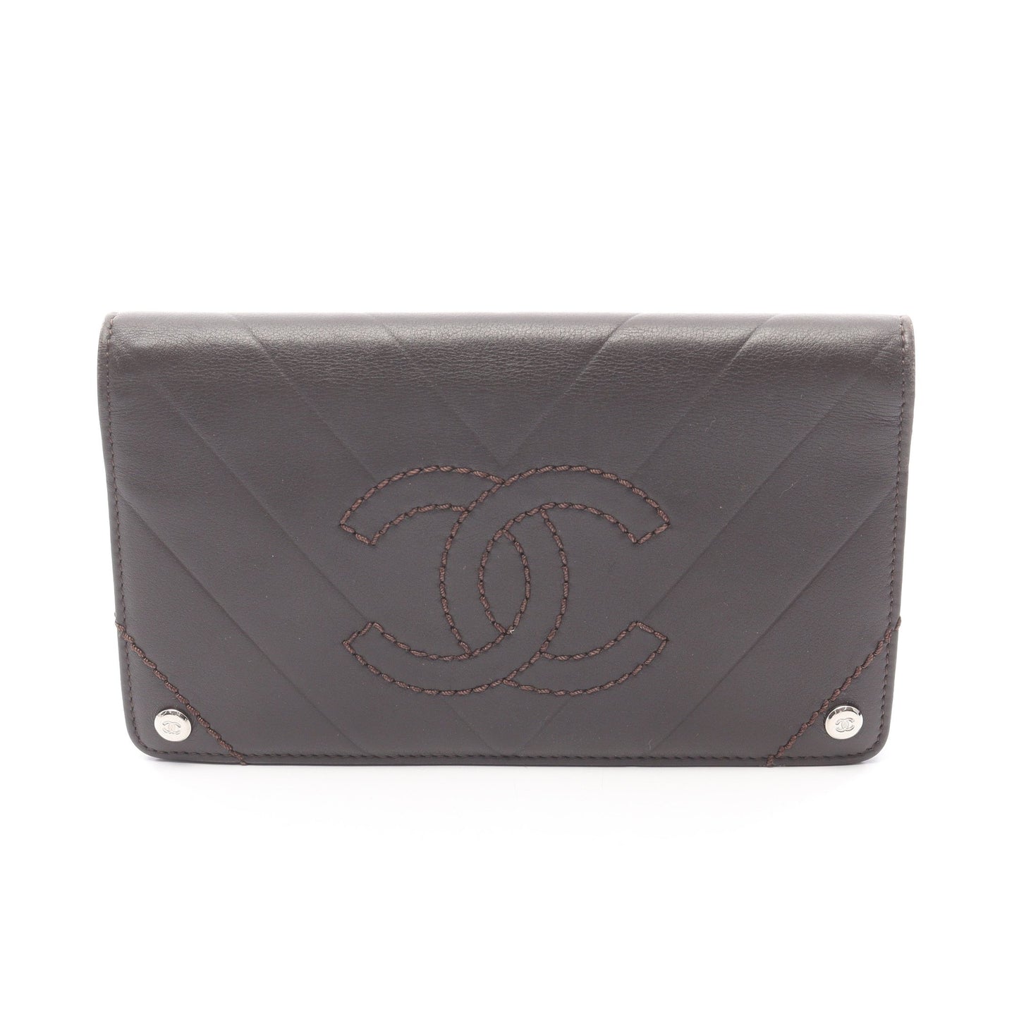 シェブロン Vステッチ 二つ折り長財布 レザー ダークブラウン シルバー金具 シャネル 財布・小物 CHANEL