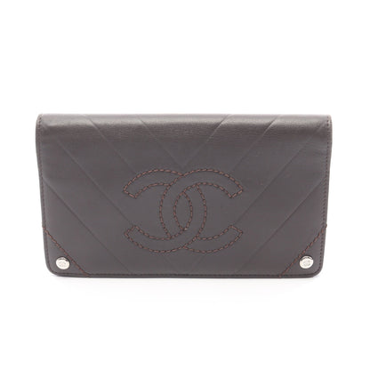 シェブロン Vステッチ 二つ折り長財布 レザー ダークブラウン シルバー金具 シャネル 財布・小物 CHANEL