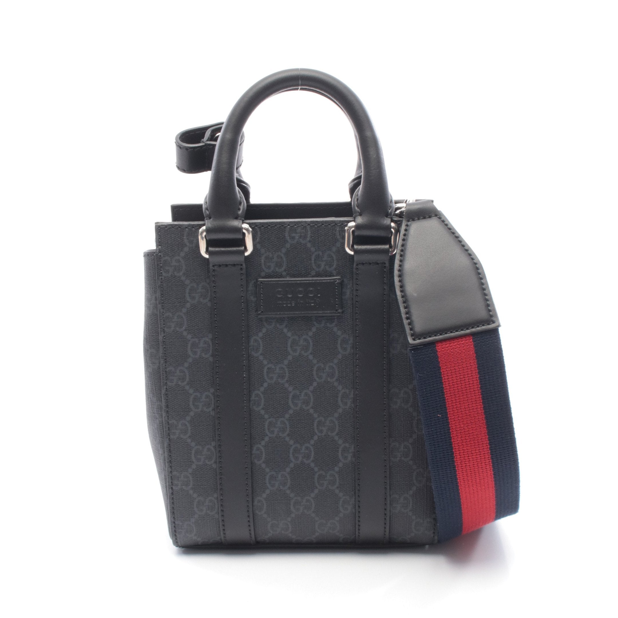 GUCCI グッチ　ブラック系ダークグレー トートバッグ　(価格相談可) GGスプリーム ウェブライン ハンドバッグ トートバッグ PVC レザー