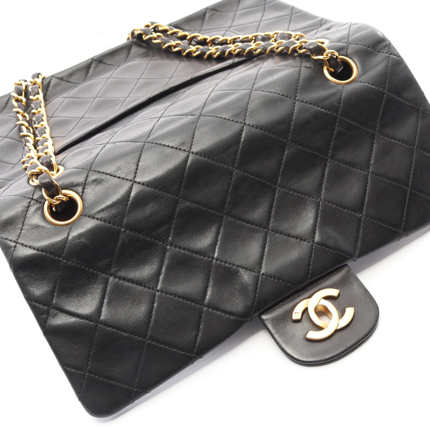 マトラッセ Wフラップ Wチェーンショルダーバッグ ラムスキン ブラック ゴールド金具 シャネル バッグ CHANEL