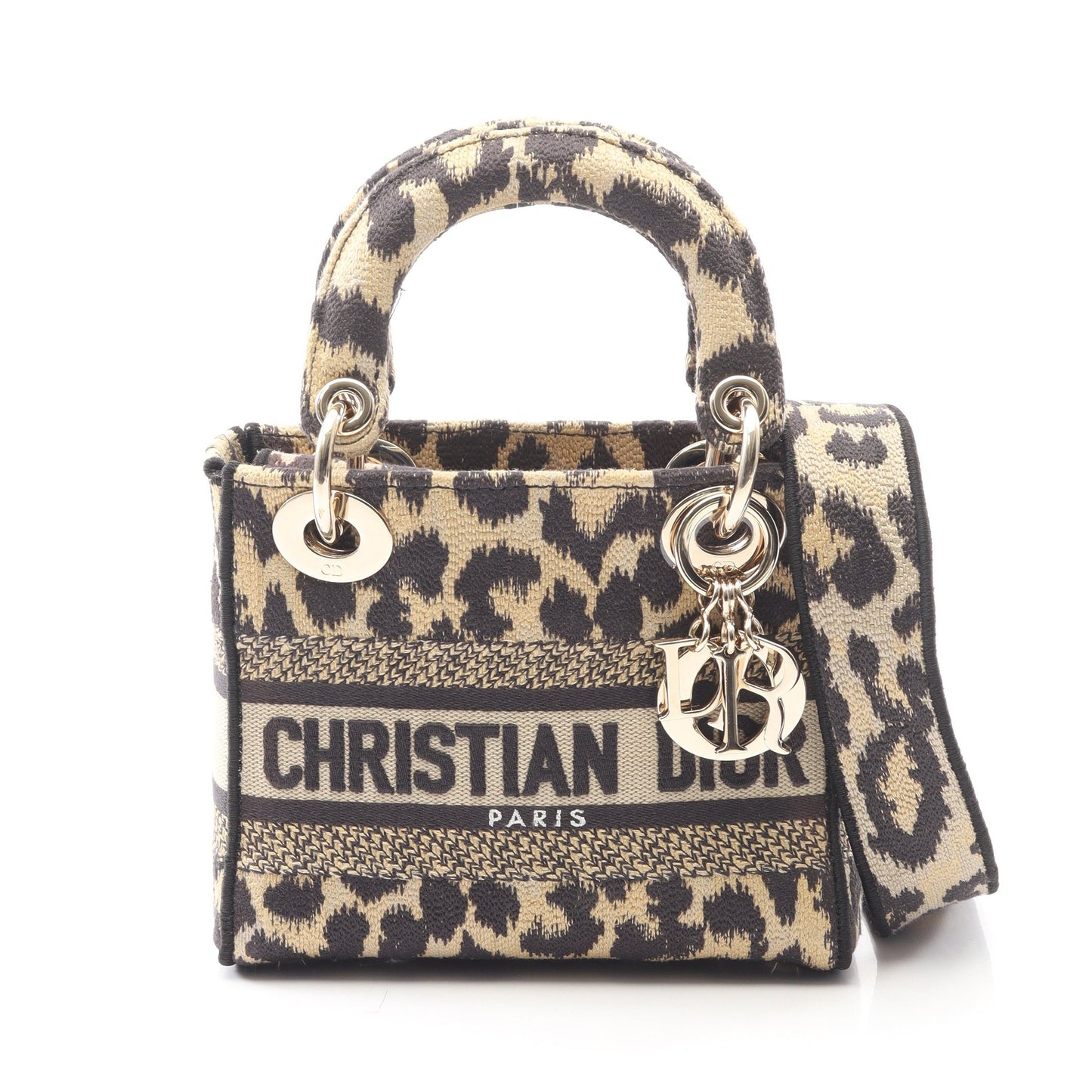 LADY D-LITE ミニ ハンドバッグ レオパード キャンバス ベージュ ブラック 2WAY クリスチャンディオール バッグ Christian Dior