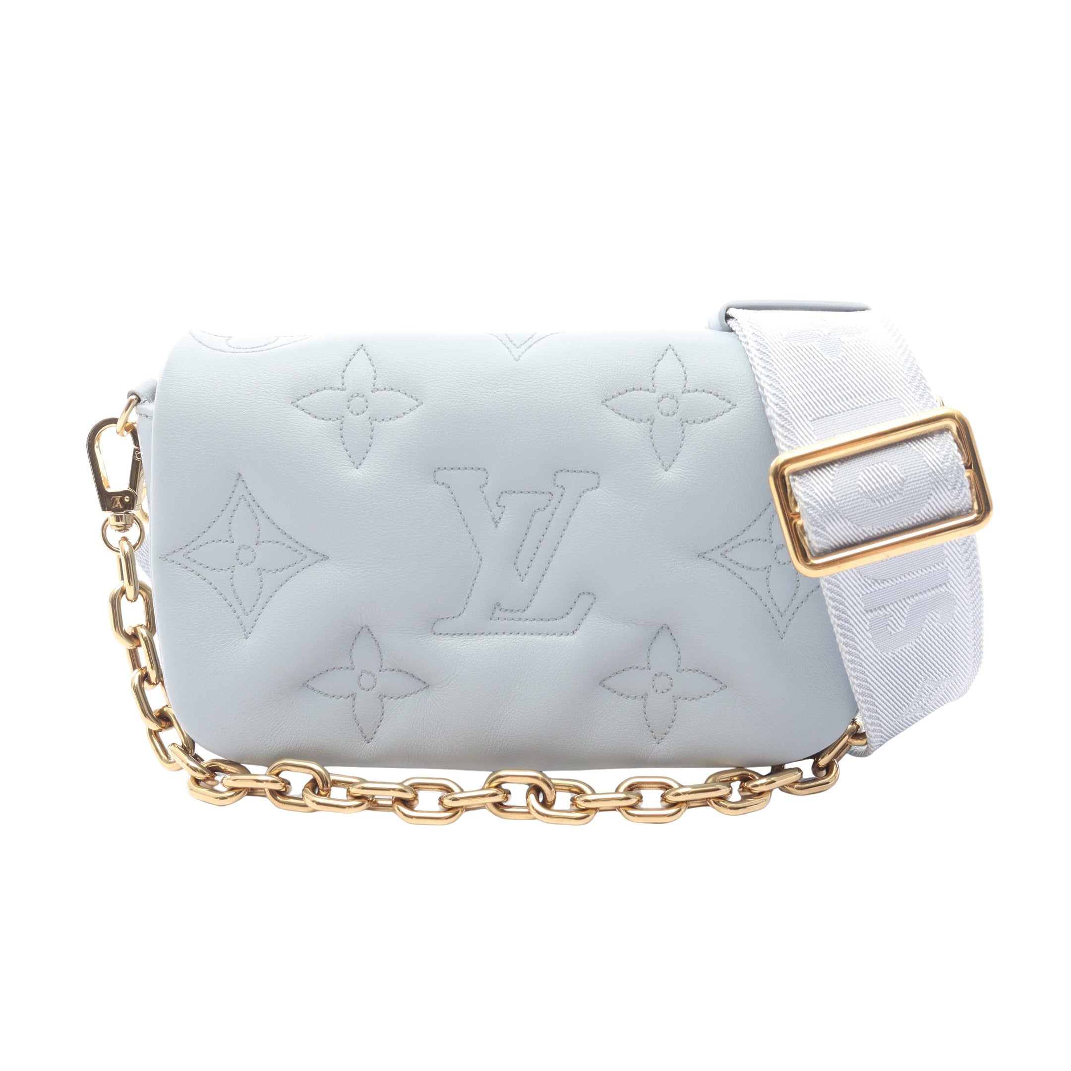 Louis Vuitton ブラスレLVチェーン（ブルー×ライトブルー）箱、袋付 ウォレット オン ストラップ バブルグラム ブルーグラシエール