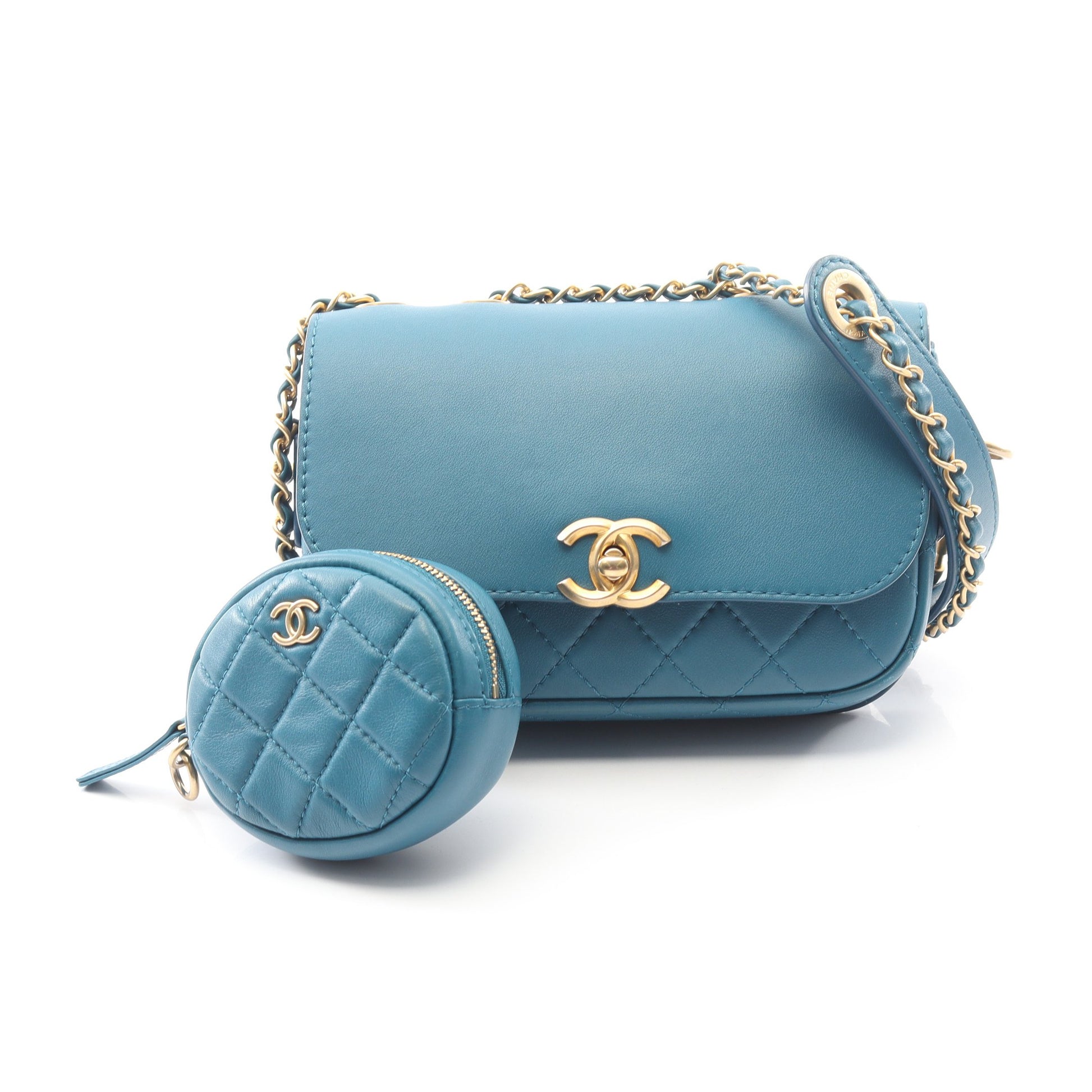 マトラッセ チェーンショルダーバッグ ラムスキン ブルーグリーン ゴールド金具 シャネル バッグ CHANEL