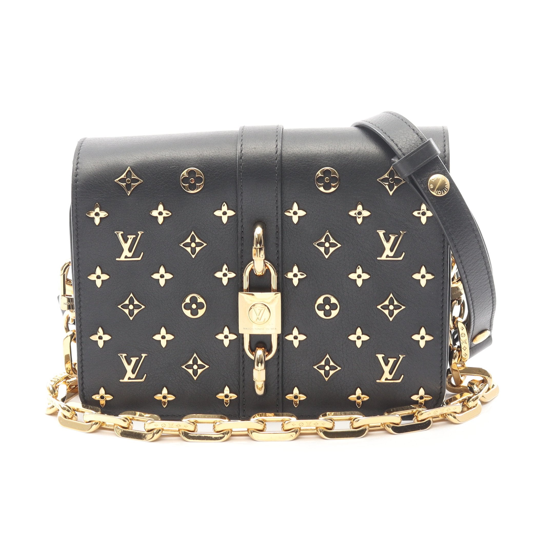 ランデヴー モノグラムフラワー チェーンハンドバッグ レザー ブラック