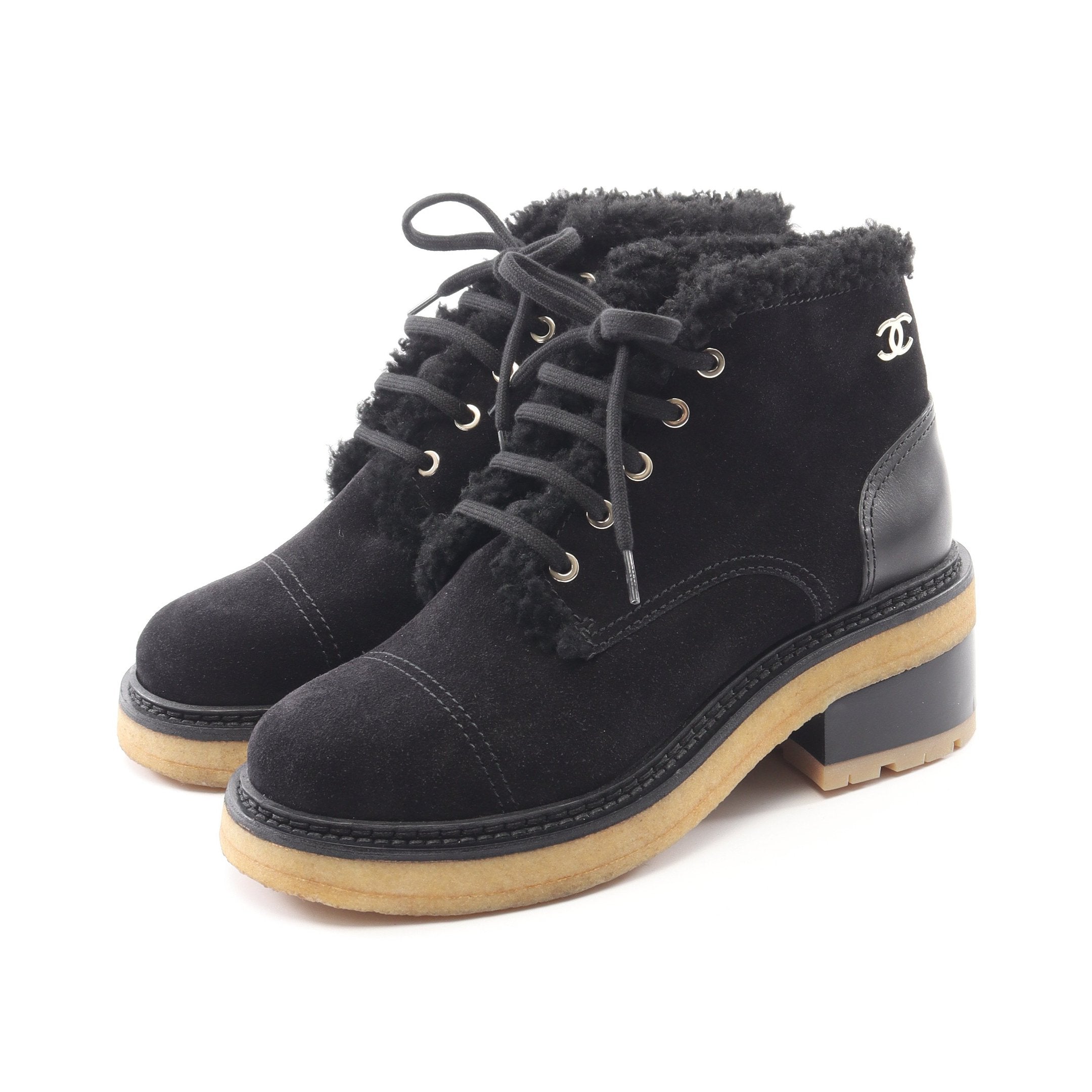 ココマーク レースアップ ブーツ スエード レザー ブラック シャネル