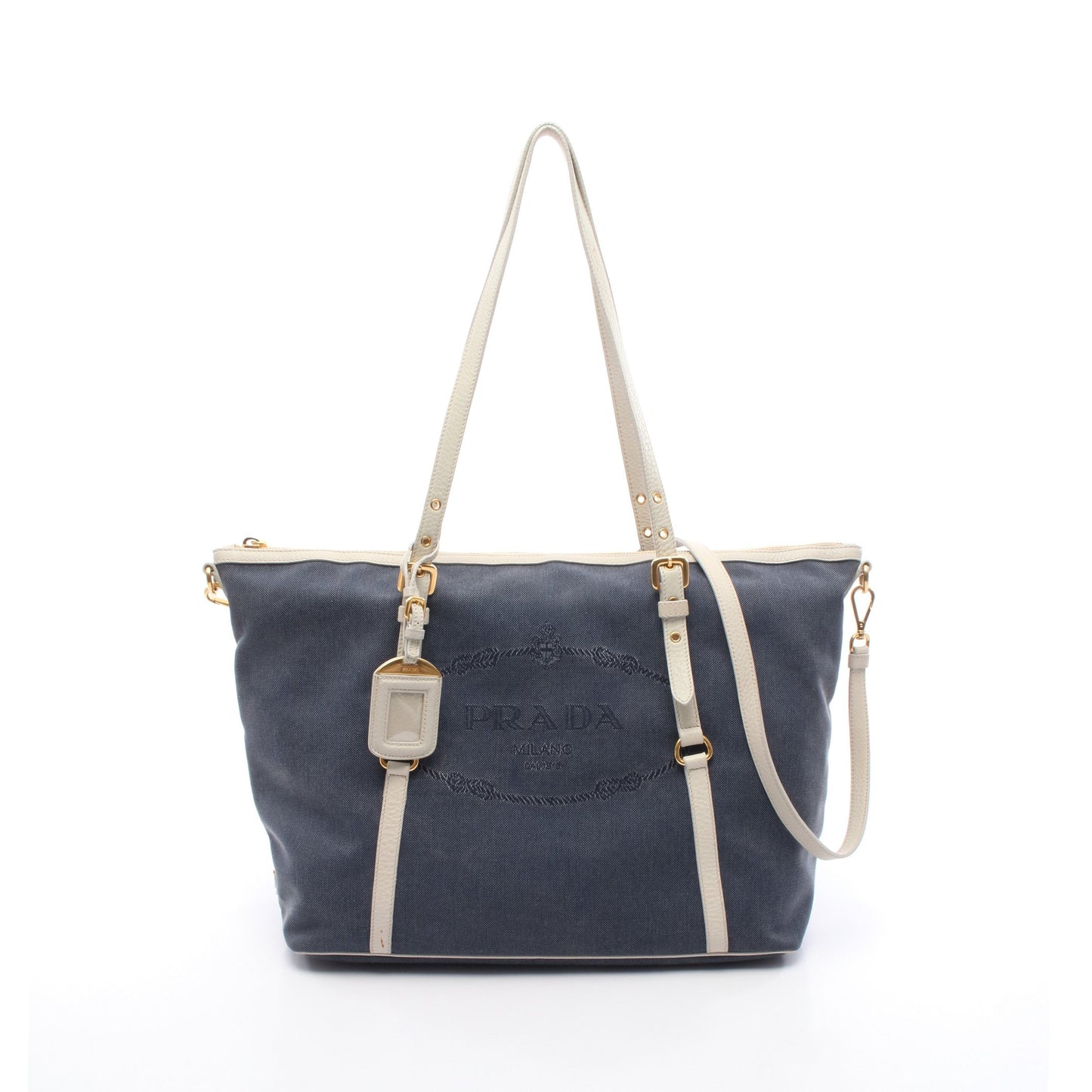 ロゴジャガード ショルダーバッグ トートバッグ キャンバス レザー ネイビー ホワイト 2WAY プラダ バッグ PRADA