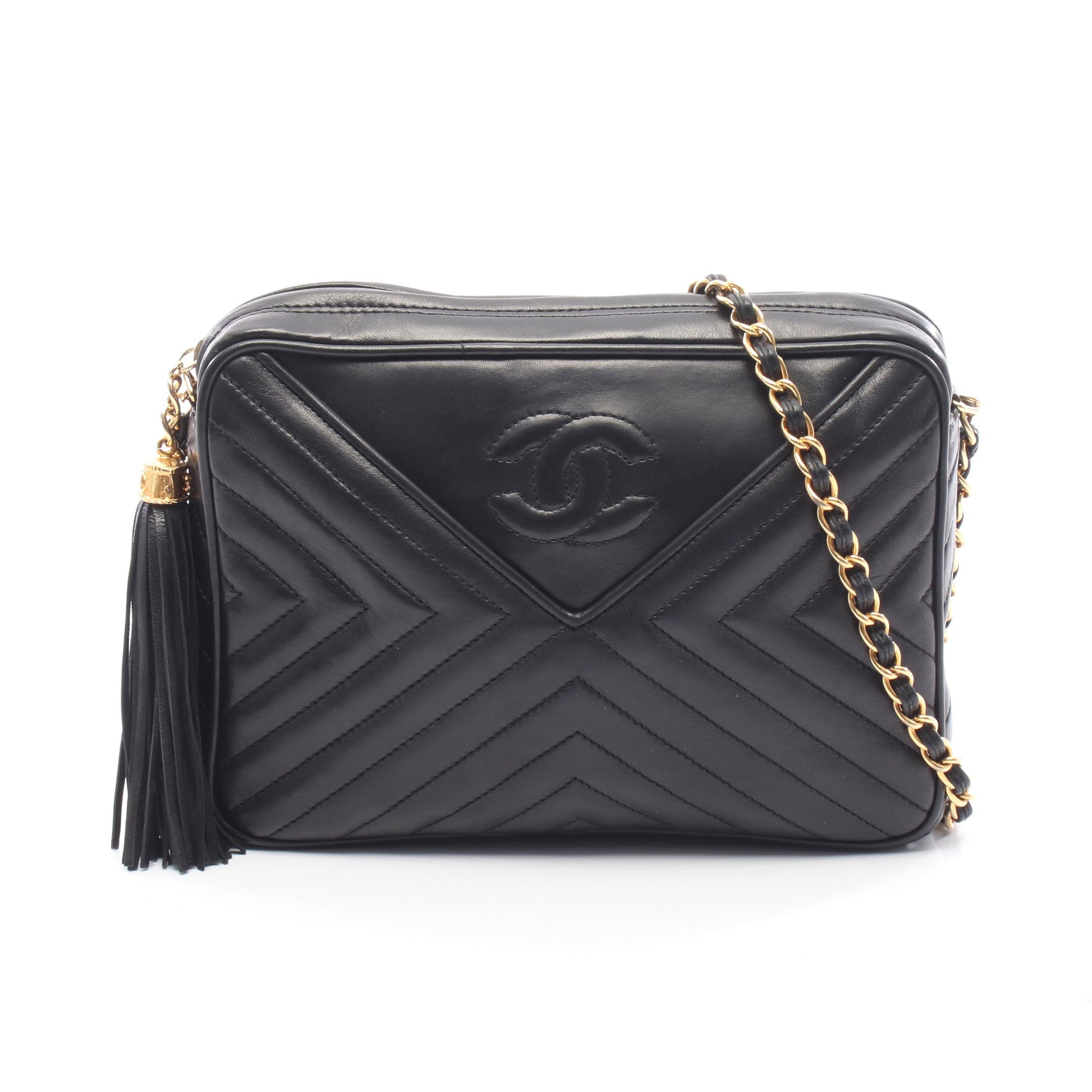 Vステッチ チェーンショルダーバッグ ラムスキン ブラック ゴールド金具 フリンジ シャネル バッグ CHANEL