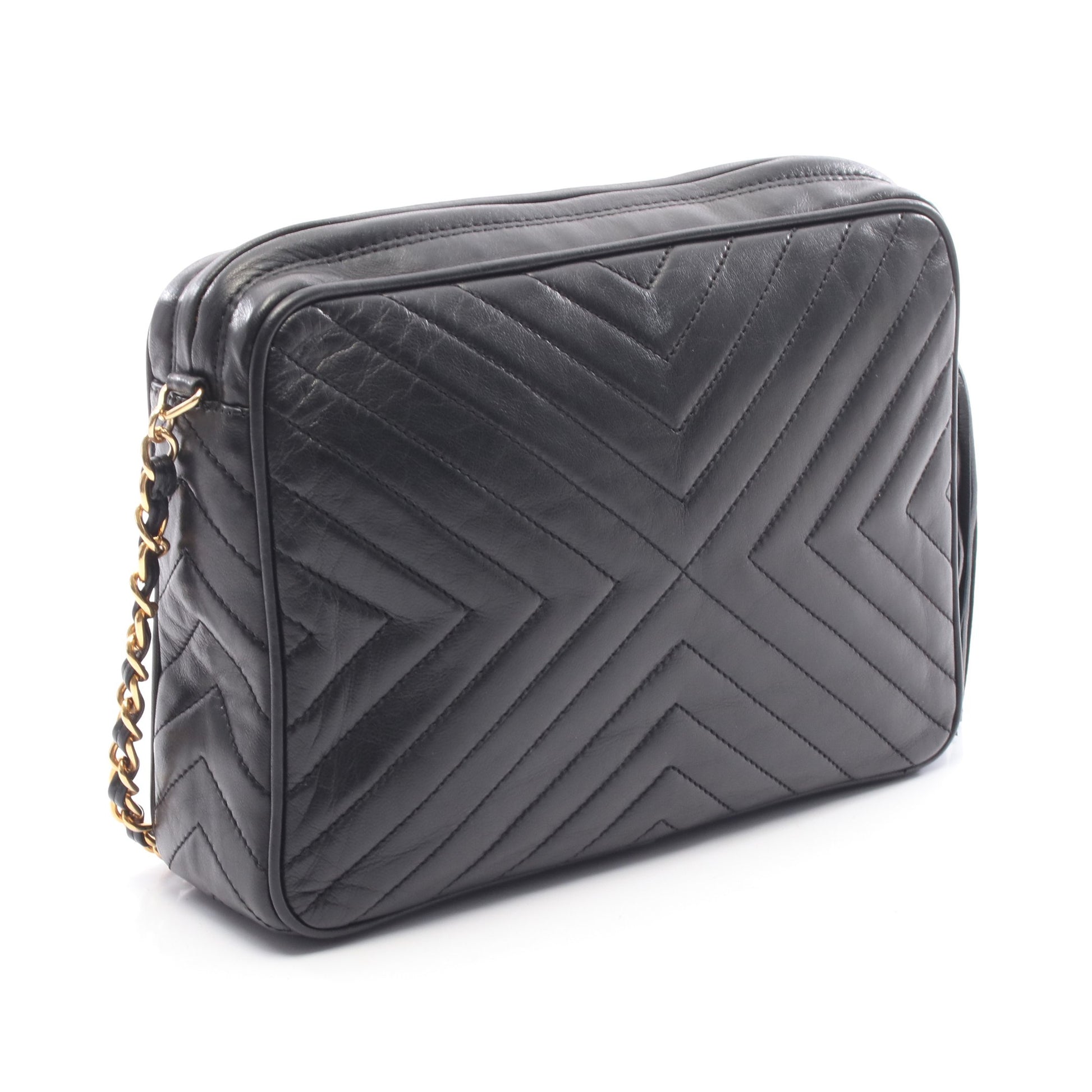 Vステッチ チェーンショルダーバッグ ラムスキン ブラック ゴールド金具 フリンジ シャネル バッグ CHANEL