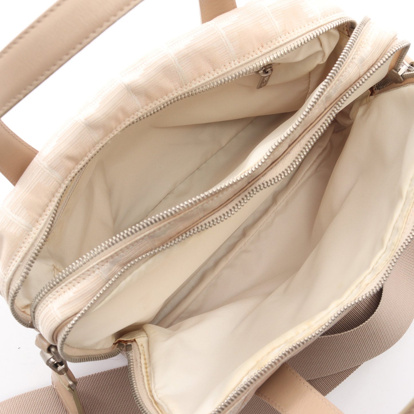 ハンドバッグ ナイロンキャンバス レザー ベージュ シルバー金具 2WAY シャネル バッグ CHANEL