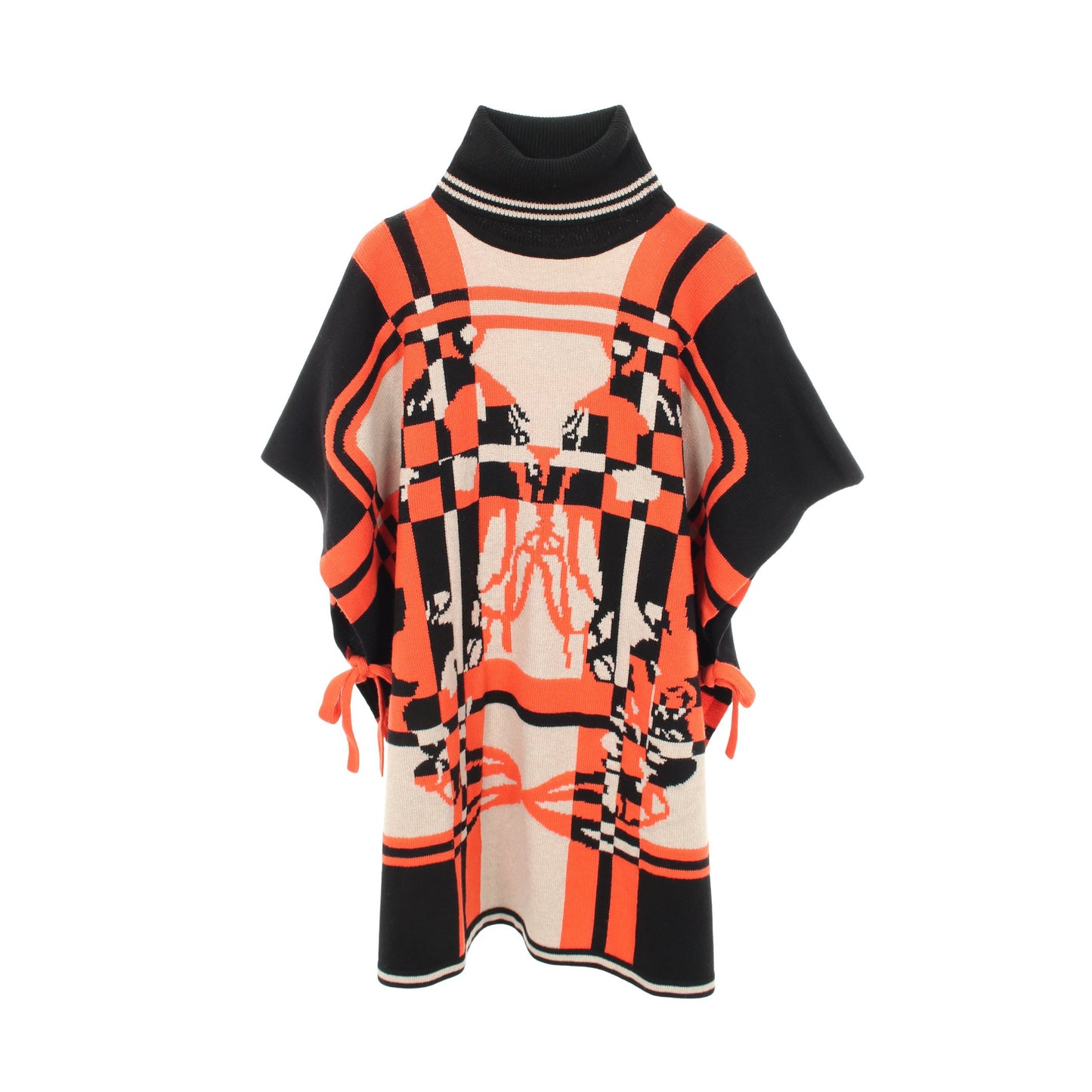 BRIDES de GALA Tartan ニット ポンチョ タートルネック カシミヤ ブラック ベージュ オレンジレッド エルメス アウター HERMES