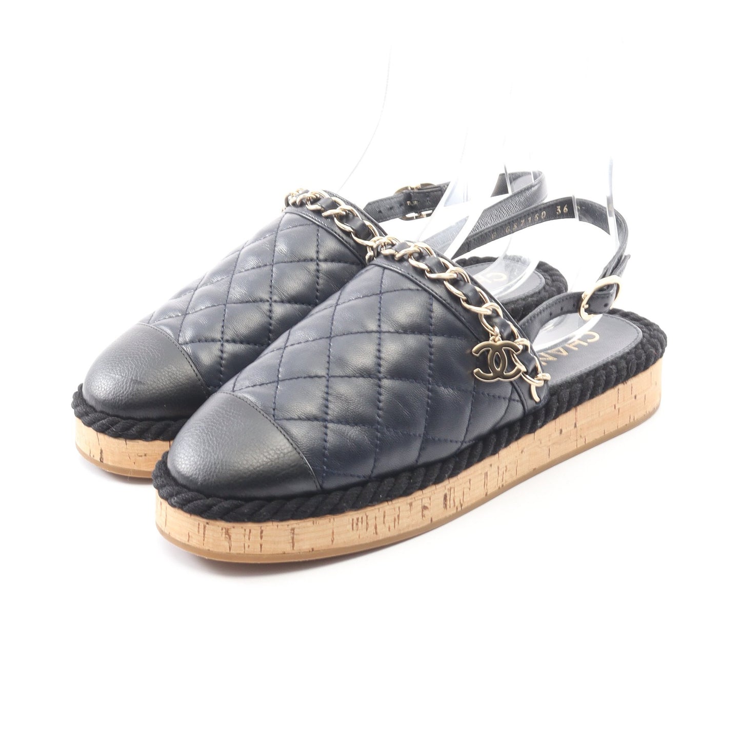 マトラッセ スリングバック サンダル レザー ネイビー コルクソール シャネル シューズ CHANEL
